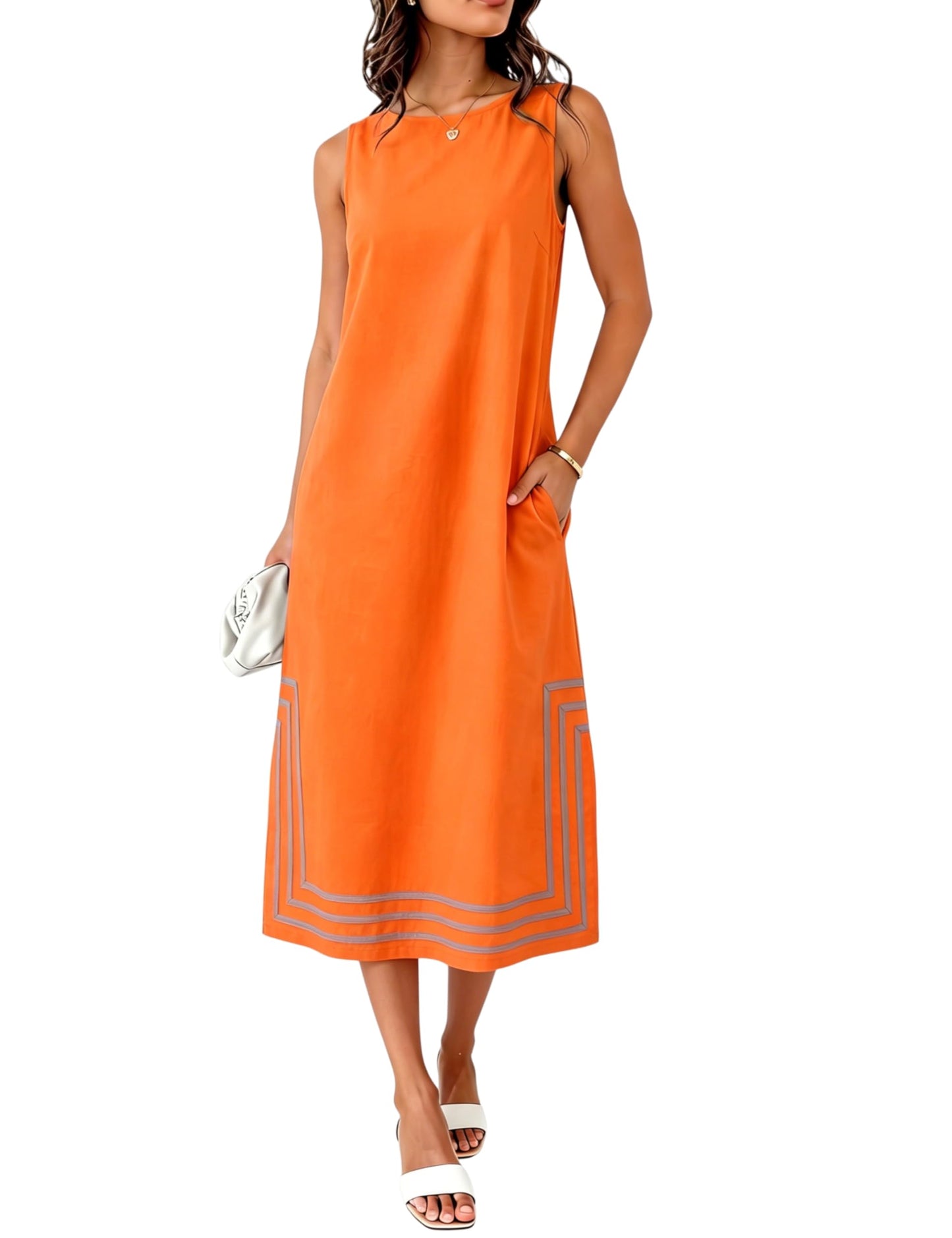 Womens Boho Linen Maxi Dress Sleeveless Split Sundress Color Block A-Line Coverups Beach Vacation Dress with Pockets
