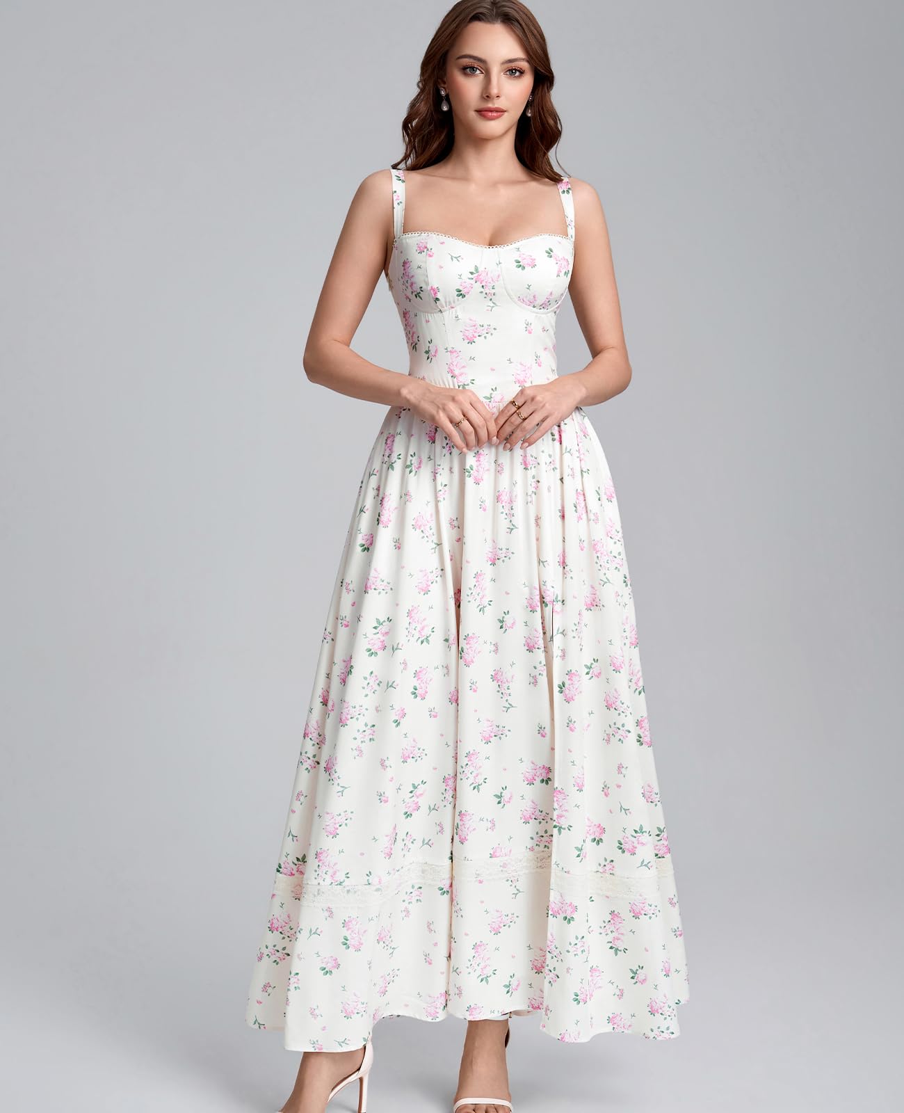 GLNEGE Floral Corset Wedding Guest Maxi Dress Summer Spring Flowy A Line Slit Tea Party Sundress for Women with Pockets