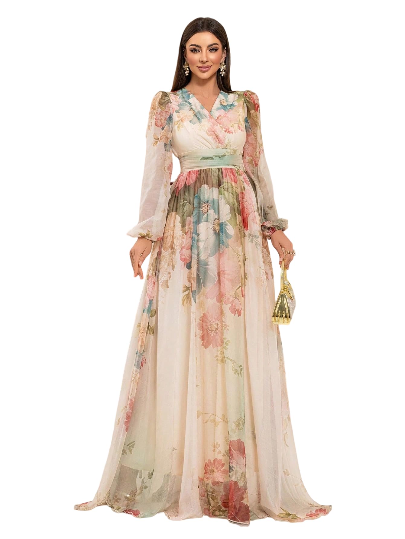 Womens Summer Dresses,Floral Patterns Vintage Elegant Cocktail Long Sleeve Boho Casual Maxi Wedding Guest Dresses for Women