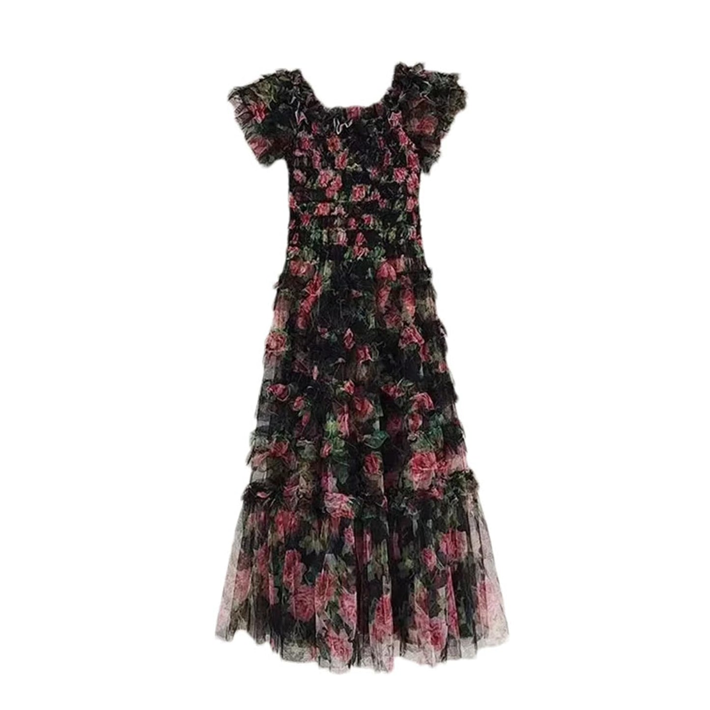 Women Summer Floral Long Dress Holiday Tulle Layer Ruffles Evening Party Maxi Vestidos