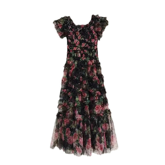 Women Summer Floral Long Dress Holiday Tulle Layer Ruffles Evening Party Maxi Vestidos