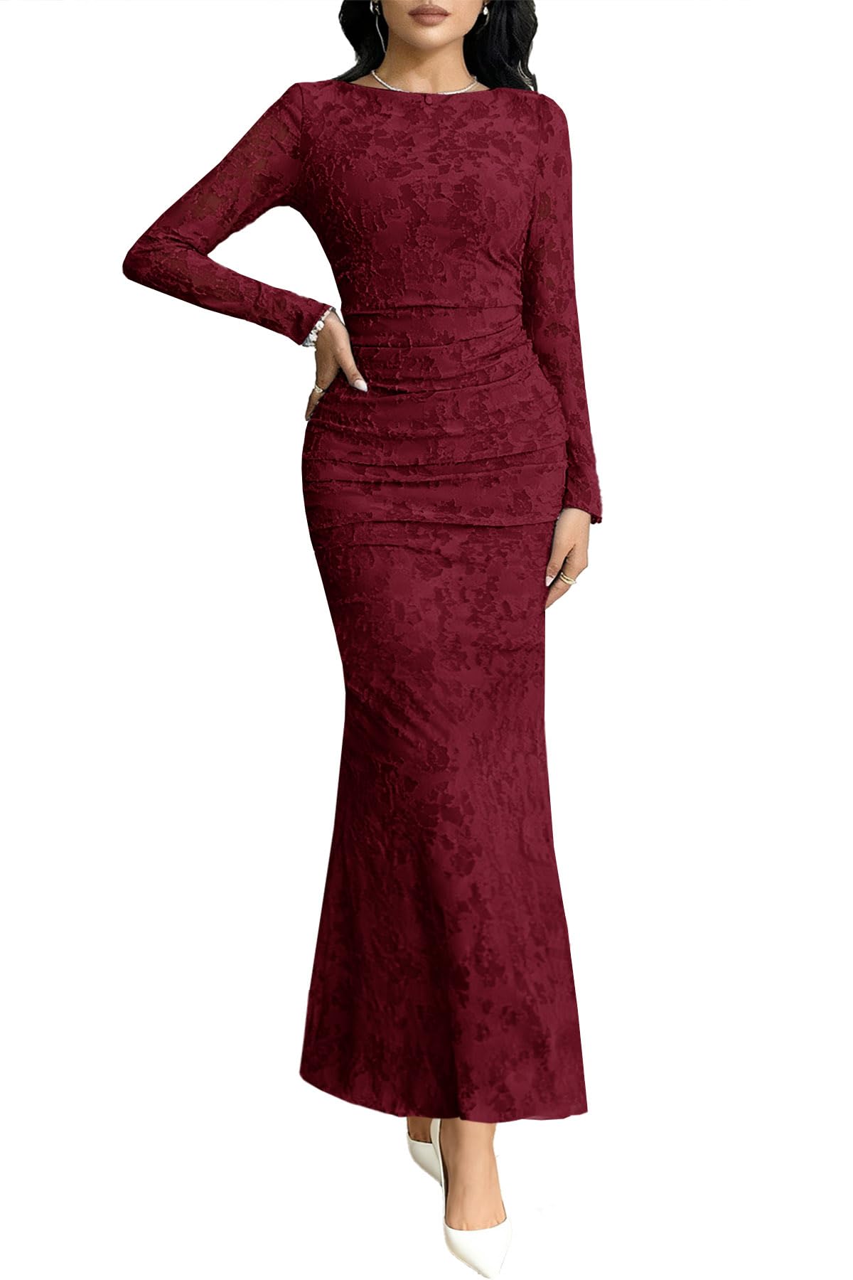 MITILLY Women's Formal Long Sleeve Dress Fall Elegant Floral Bodycon Ruched Cocktail Party Maxi Dresses New