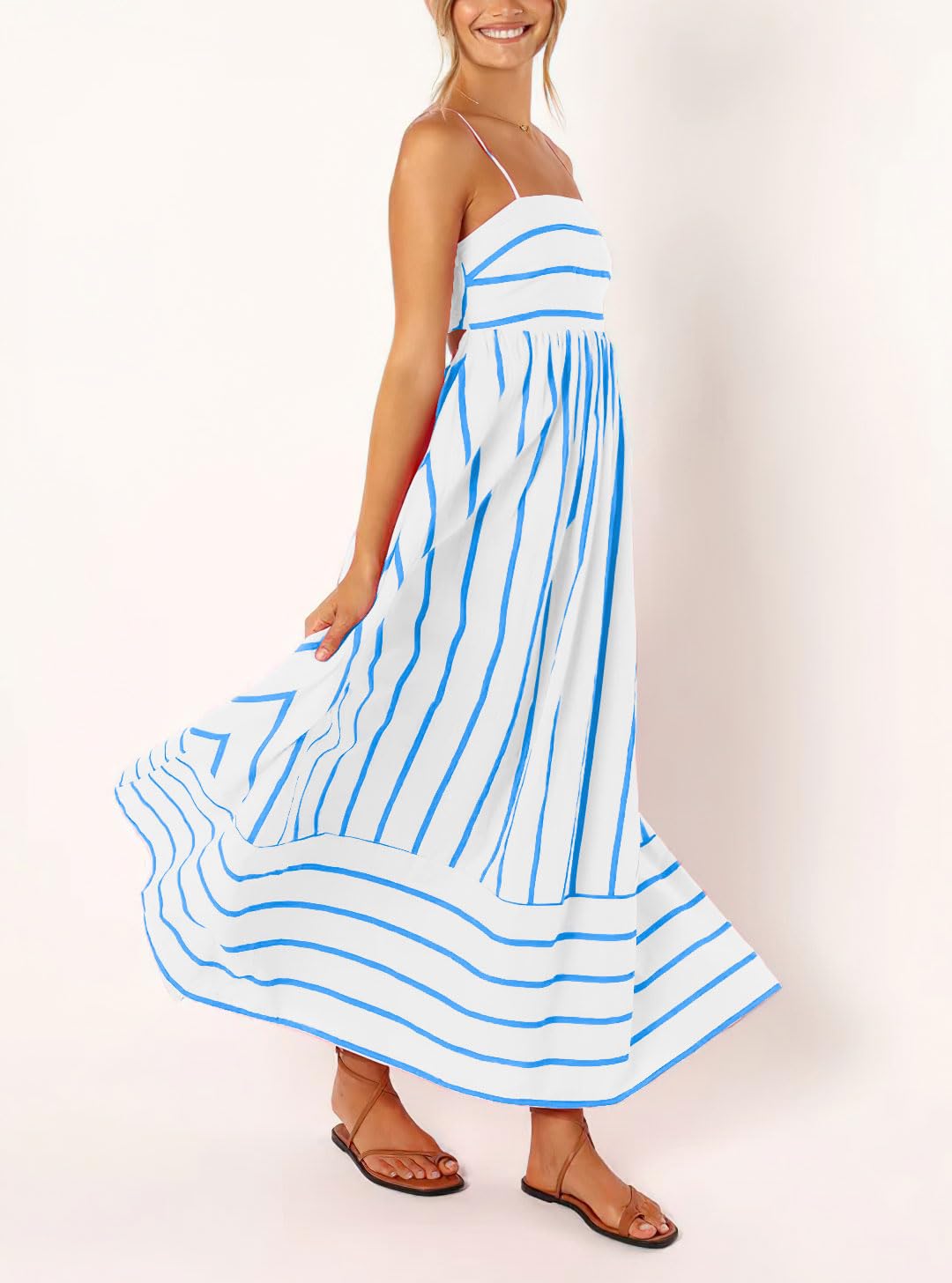 chouyatou Women's Striped Back Smocked Maxi Dress Sexy Spaghetti Strap Cut Out Flowy Swing Long Dress