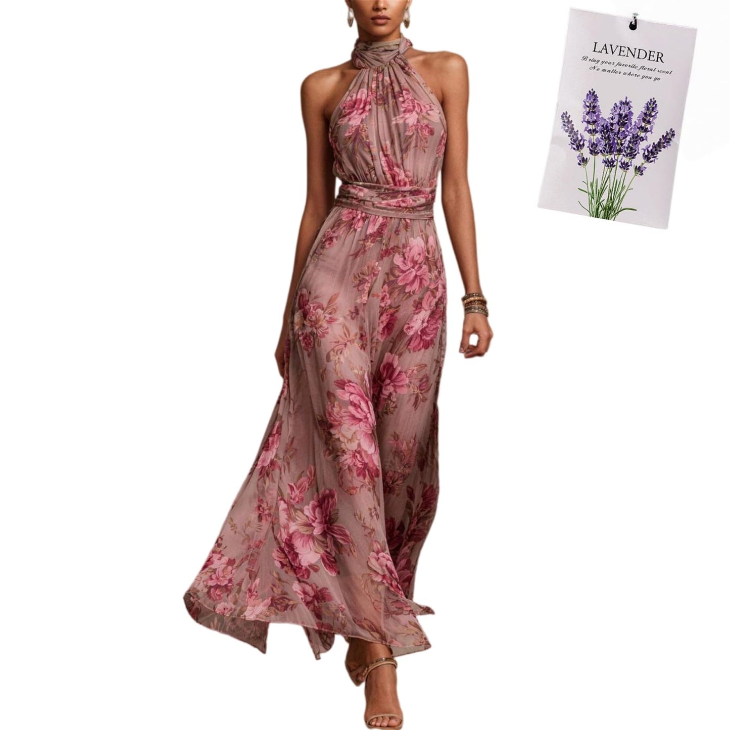 Halter Floral Print Chiffon Maxi Dress for Women Floral Wedding Guest Maxi Dress Formal Halter Chiffon Bridesmaid Dresses