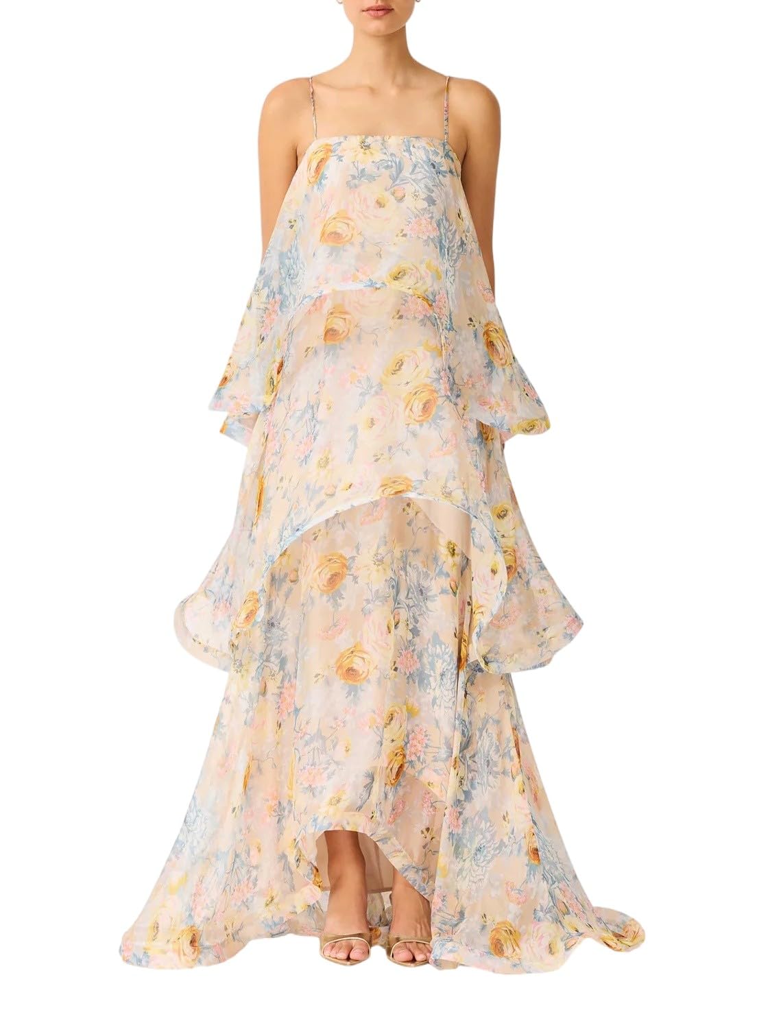 Women's Elegant Print Layered Ruffle Prom Dress Spaghetti Strap Backless Loose Chiffon Maxi Dress