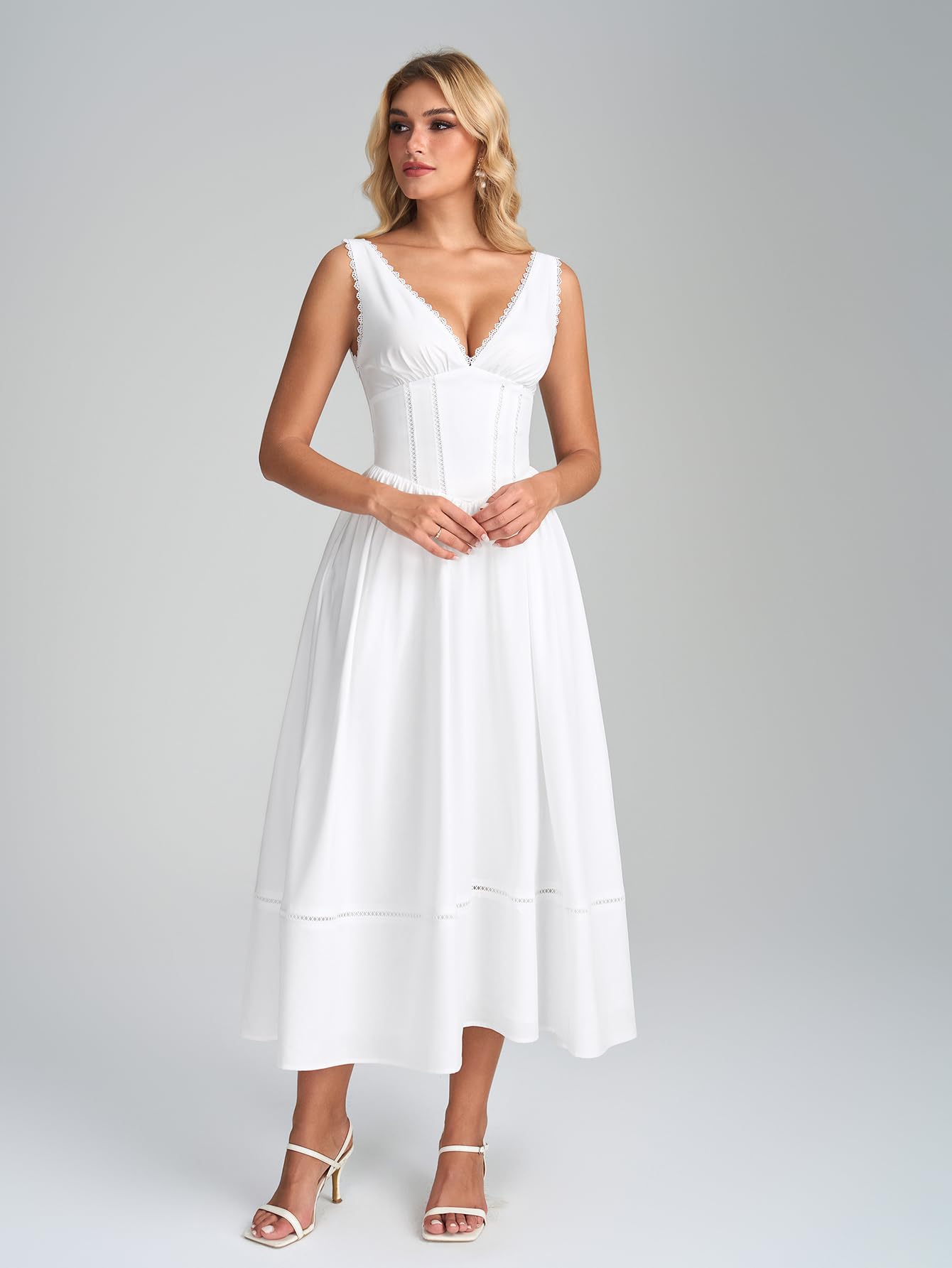 KUTUMAI Floral Corset Midi Dresses for Women 2026 Summer Spring V Neck Lace Up Flowy Wedding Guest Dress