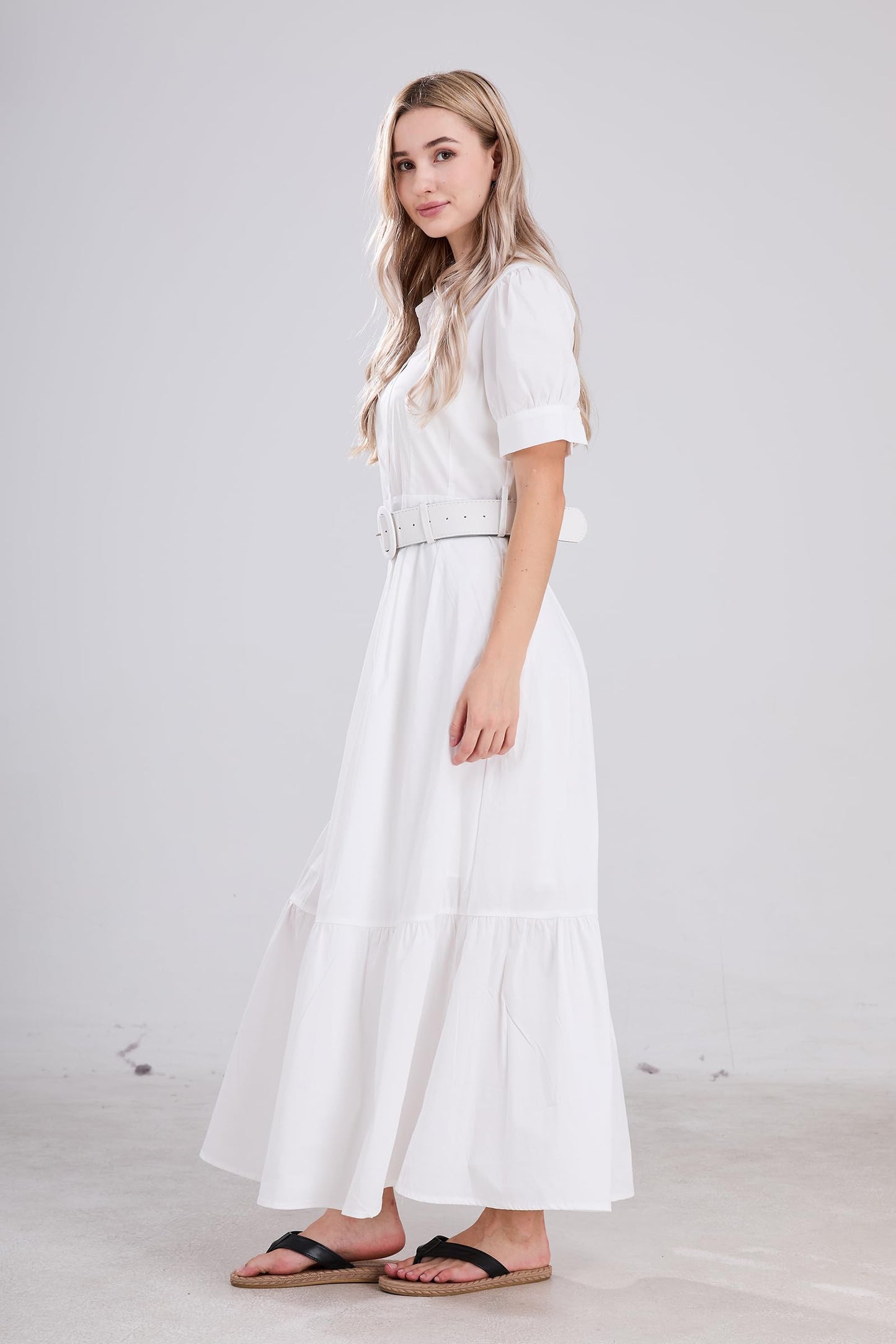 utcoco Womens Striped Button Down Shirt Dress Casual Puff Short Sleeve Ruffle Hem Maxi Dresses with Belt