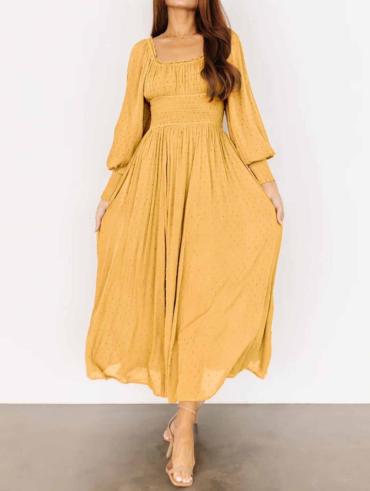 R.Vivimos Women's Puff Long Sleeve Maxi Dress Square Neck Elastic Empire Waist Swiss Dots Casual Flowy A-Line Long Dresses