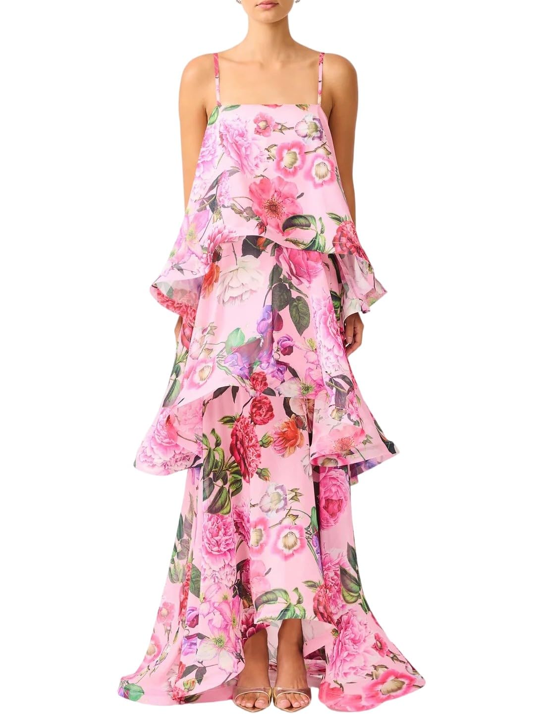 Women's Elegant Print Layered Ruffle Prom Dress Spaghetti Strap Backless Loose Chiffon Maxi Dress