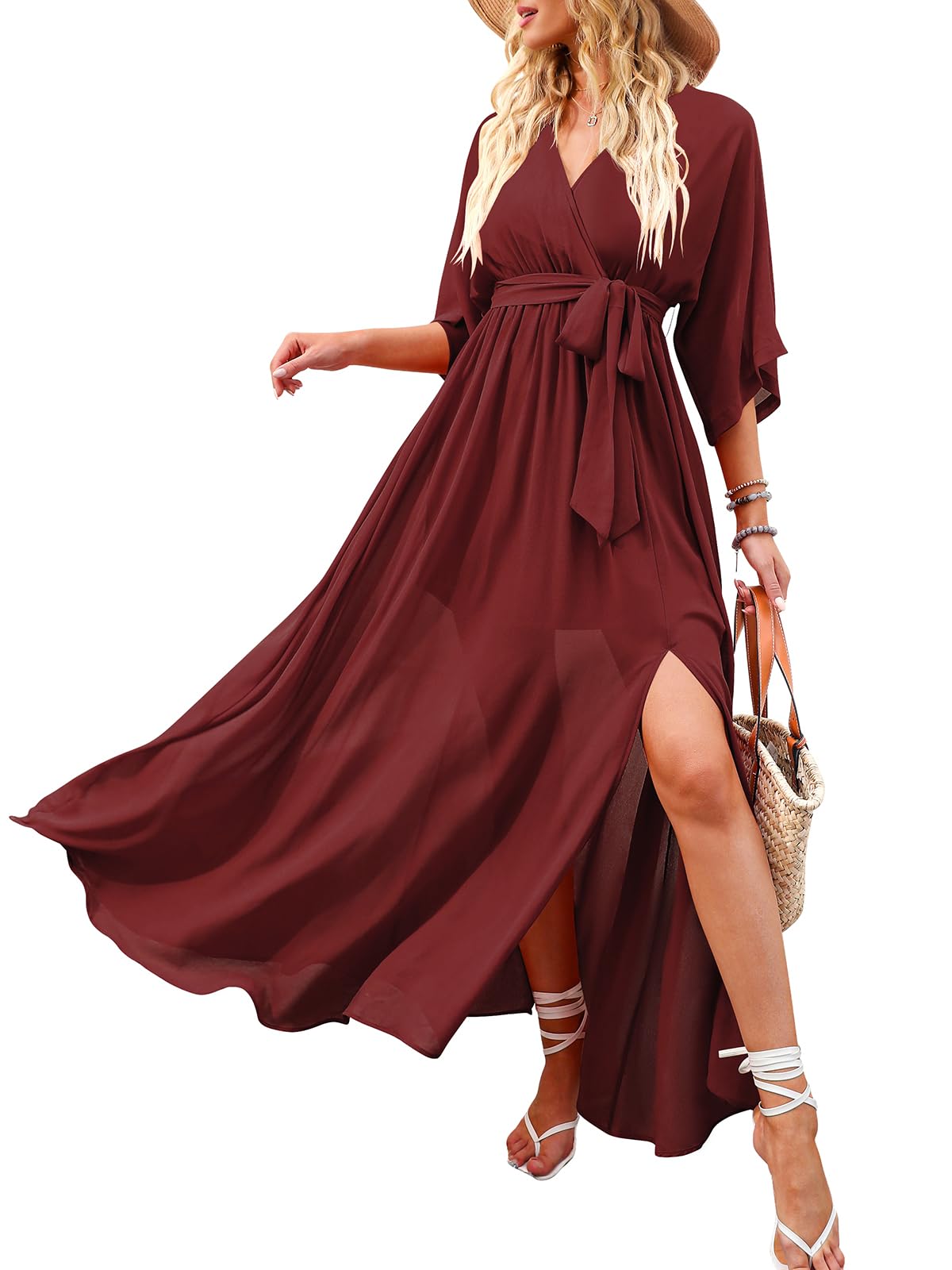 ANRABESS Womens 1/2 Sleeve Beach Wedding Guest Maxi Dresses 2026 Summer Wrap V Neck Boho Floral Flowy Slit Long Dresses