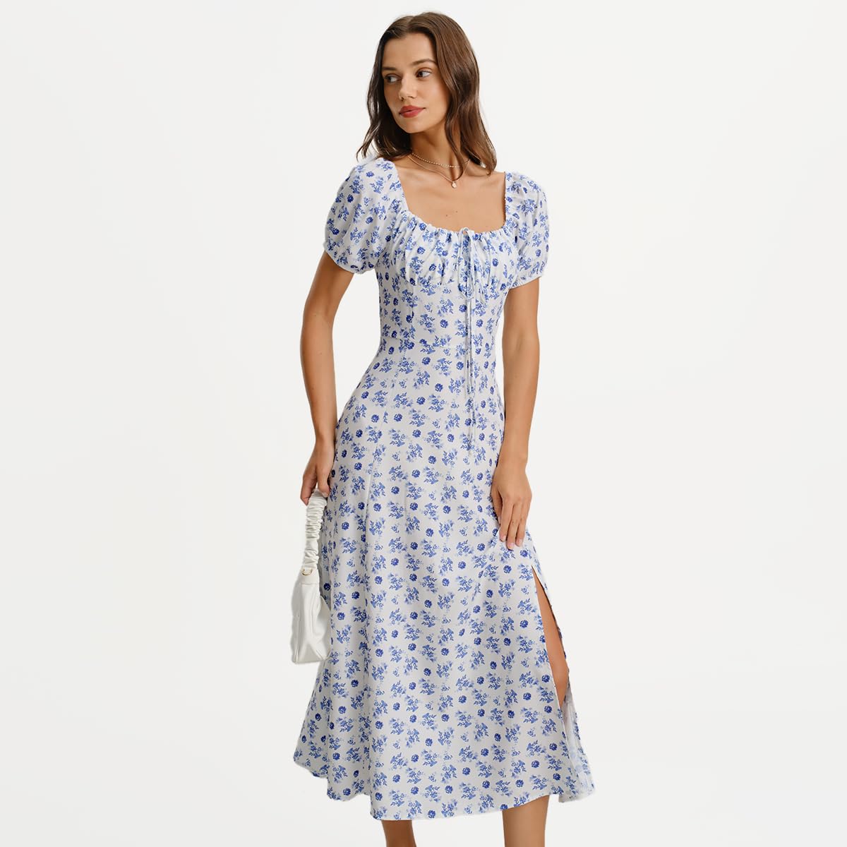 Women Summer Dresses Vintage Square Neck Adjustable Bust Floral Dress Short Puff A-Line Midi Dresses Sleeve