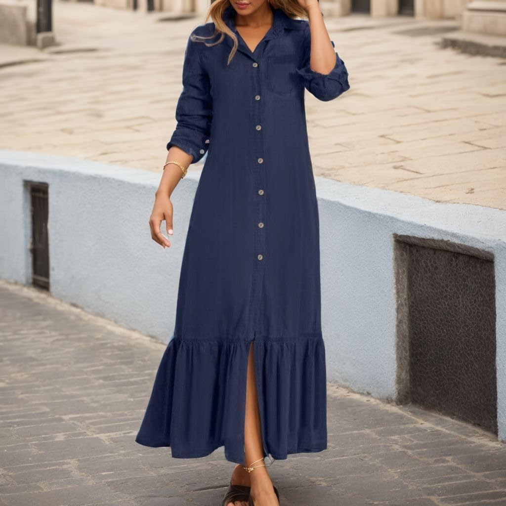 Summer Loose Hand Pocket Midi Long Tunic Denim Shirt Dress for Women Casual Button Front Maxi Shirt Dress