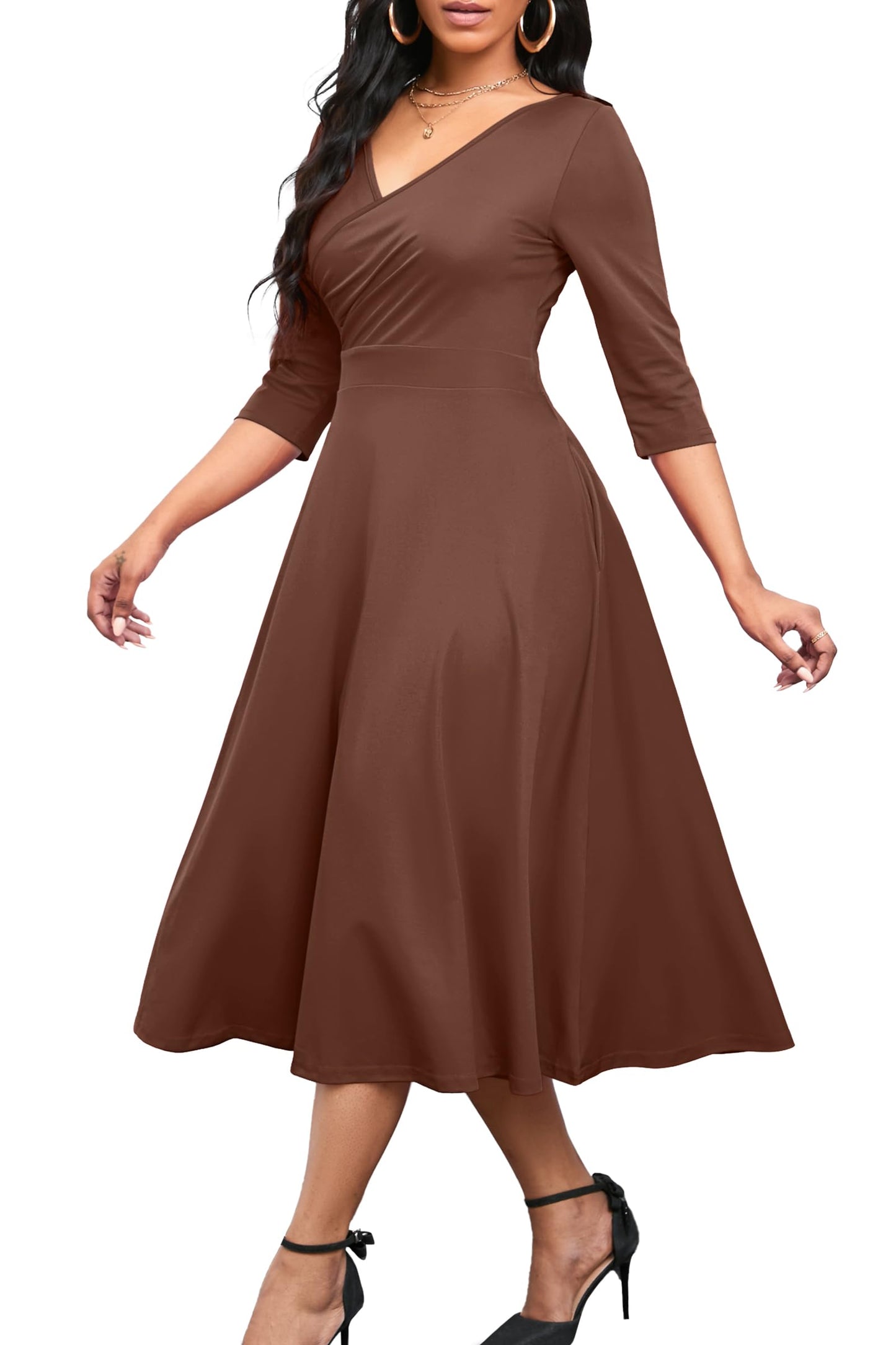 Nmoder Women's Casual Wrap Flared Midi Dress Wedding Guest Cocktail Tea Dresses A-Line Swing V-Neck 3/4 Sleeve