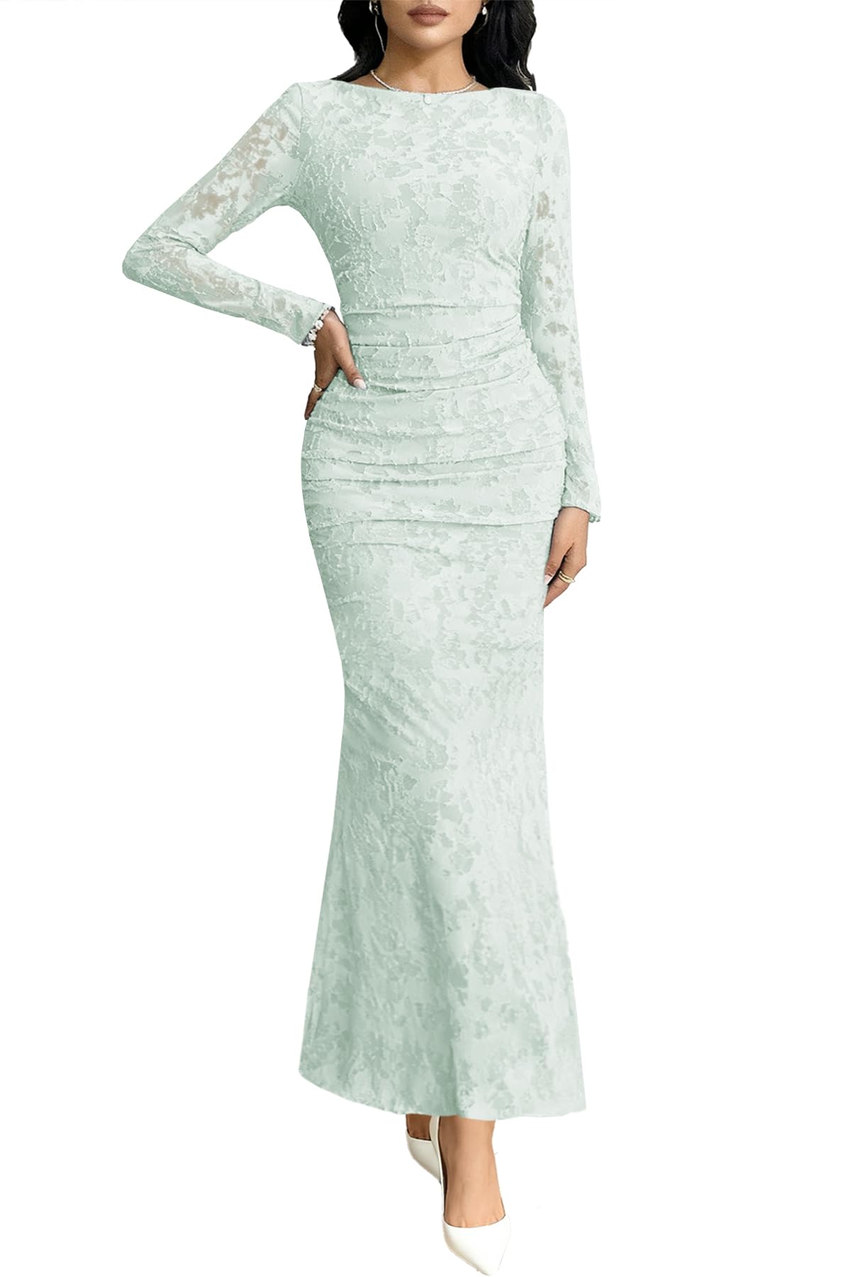 MITILLY Women's Formal Long Sleeve Dress Fall Elegant Floral Bodycon Ruched Cocktail Party Maxi Dresses New