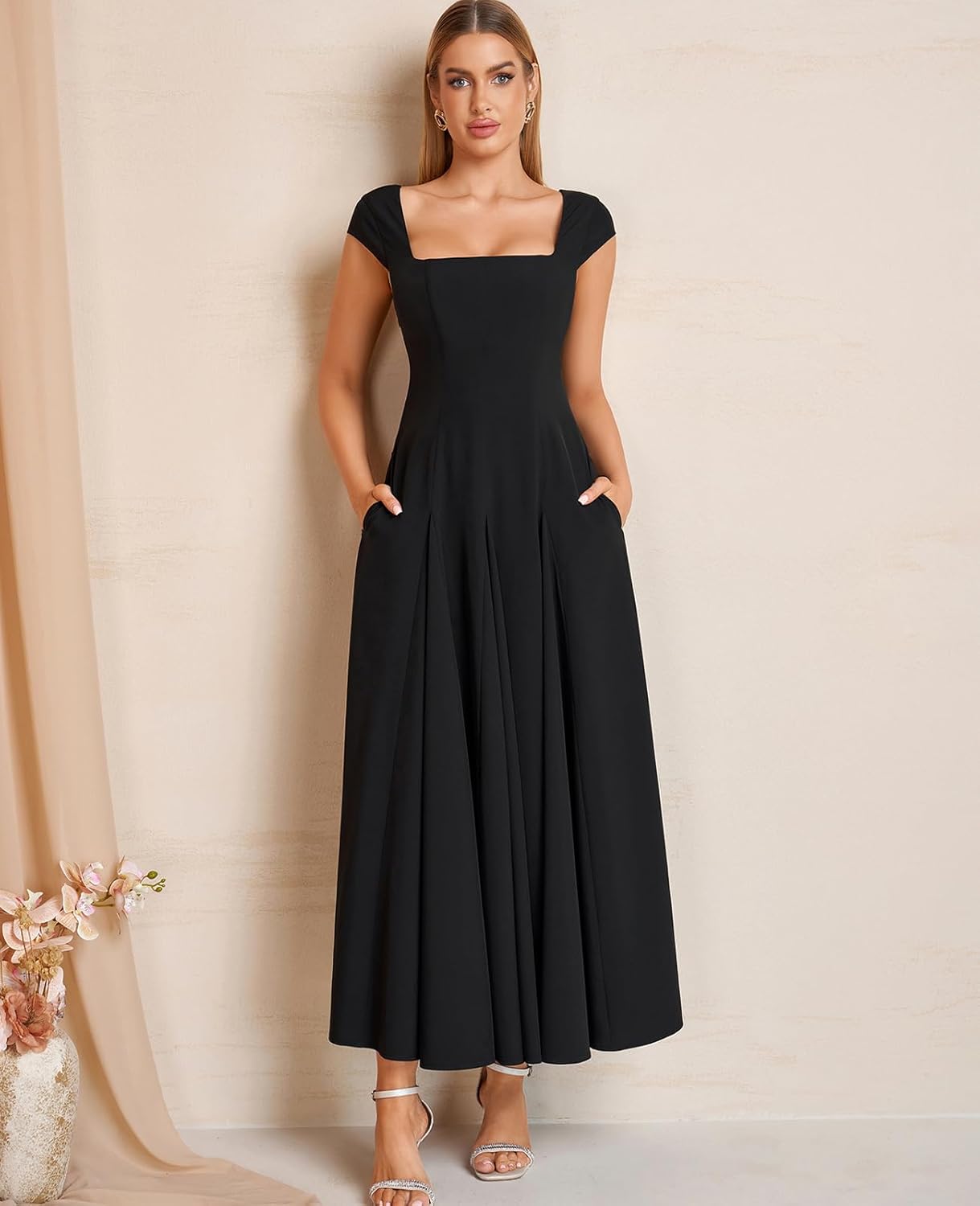 GLNEGE Women’s Corset Wedding Guest Maxi Dress Cap Sleeve Square Neck Lace Up A Line Flowy Formal Midi Dress with Pockets