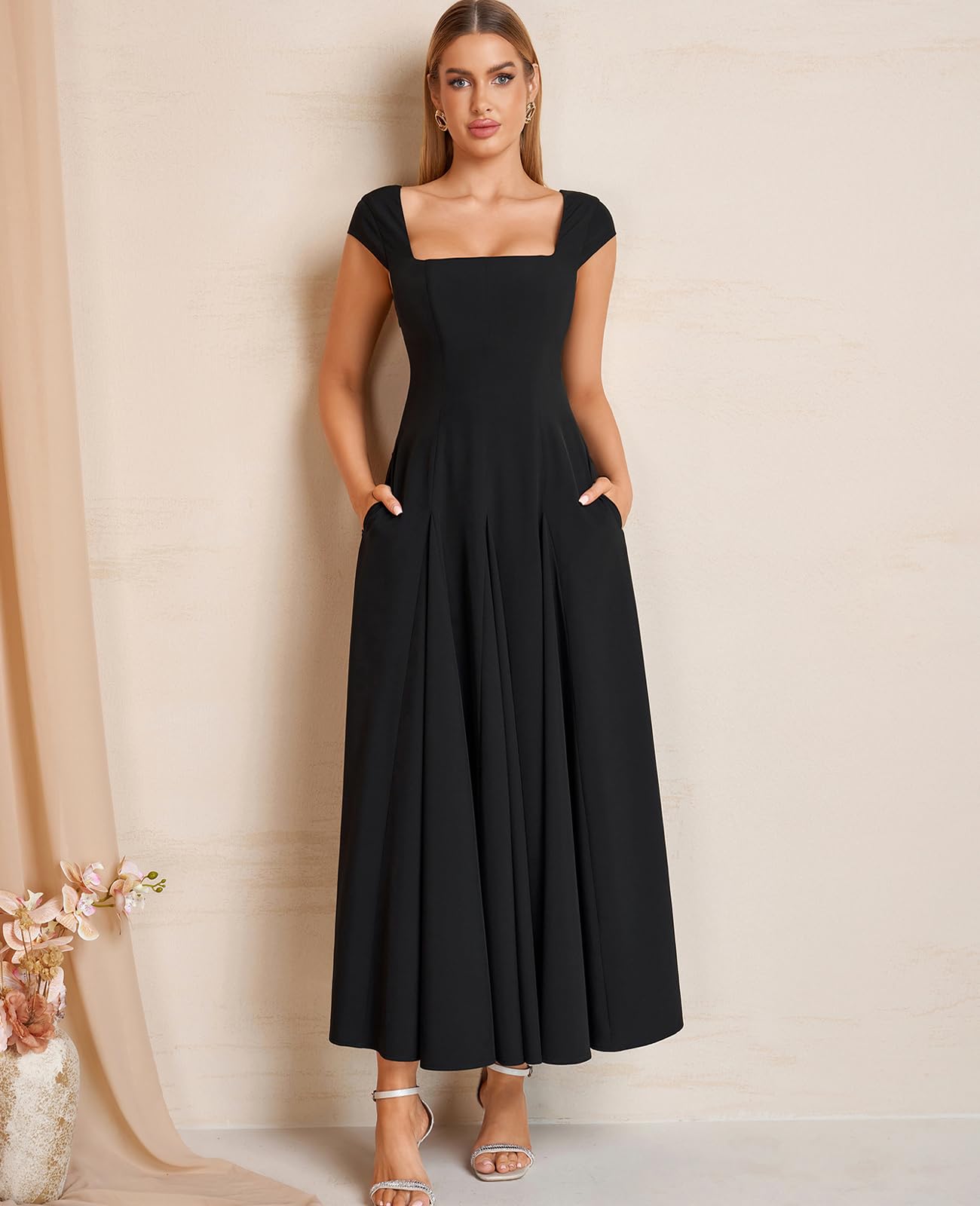 GLNEGE Women’s Corset Wedding Guest Maxi Dress Cap Sleeve Square Neck Lace Up A Line Flowy Formal Midi Dress with Pockets