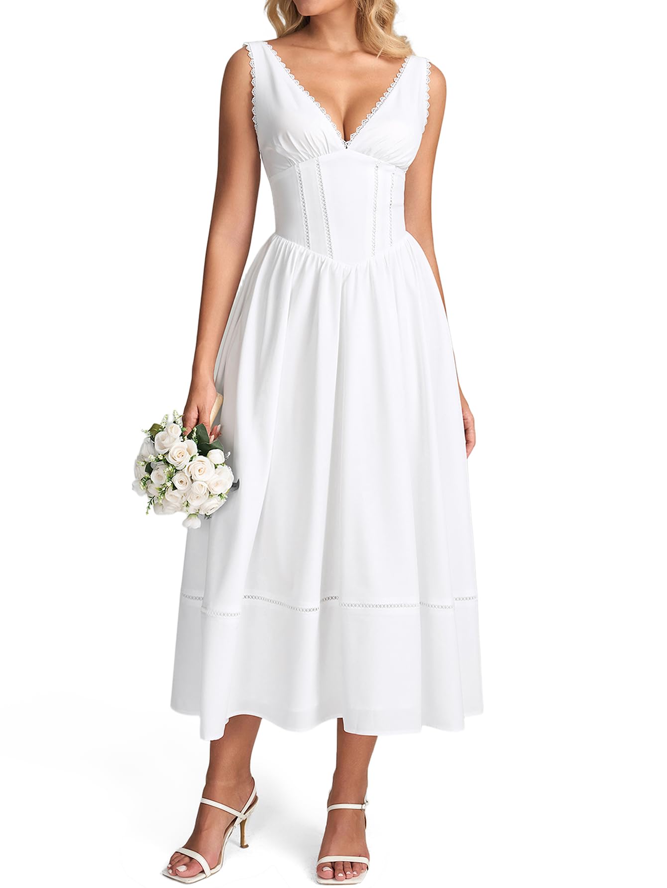 KUTUMAI Floral Corset Midi Dresses for Women 2026 Summer Spring V Neck Lace Up Flowy Wedding Guest Dress
