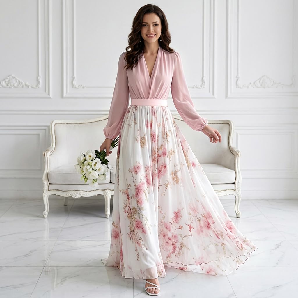 Women's Boho Floral Chiffon Maxi Dresses 2026 Summer Casual Long Sheer Sleeve Deep V Neck A-Line Beach Vacation Dress