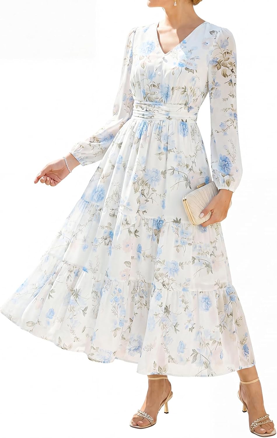 GRACE KARIN Women Floral Maxi Dress Fall Long Sleeve Wedding Guest Dresses