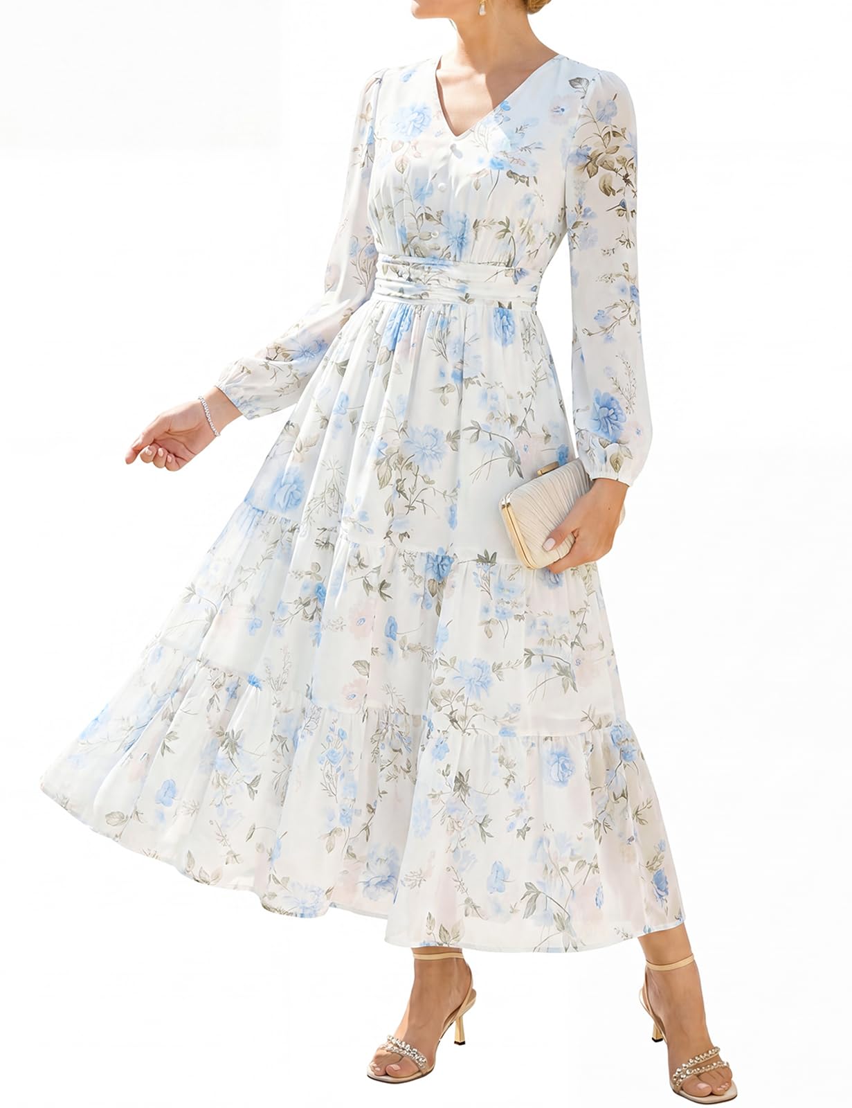 GRACE KARIN Women Floral Maxi Dress Fall Long Sleeve Wedding Guest Dresses