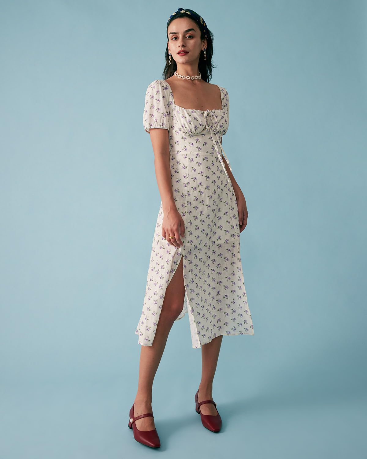 Women Summer Dresses Vintage Square Neck Adjustable Bust Floral Dress Short Puff A-Line Midi Dresses Sleeve