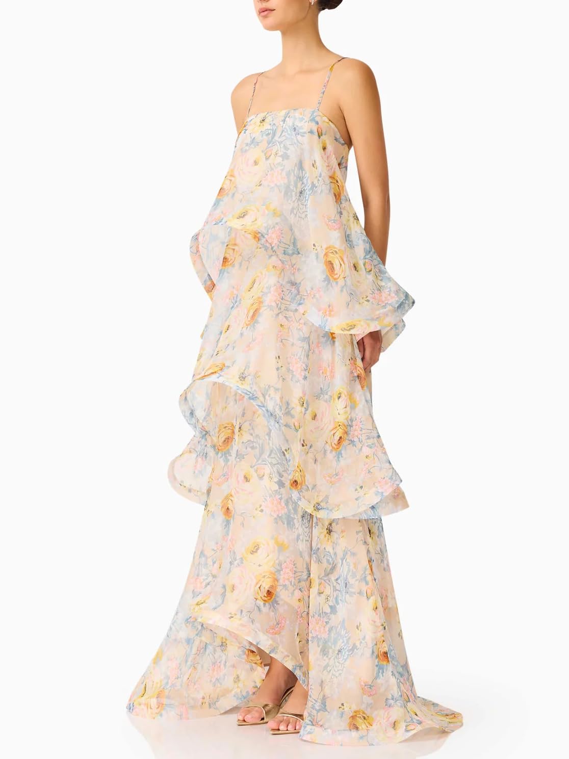 Women's Elegant Print Layered Ruffle Prom Dress Spaghetti Strap Backless Loose Chiffon Maxi Dress