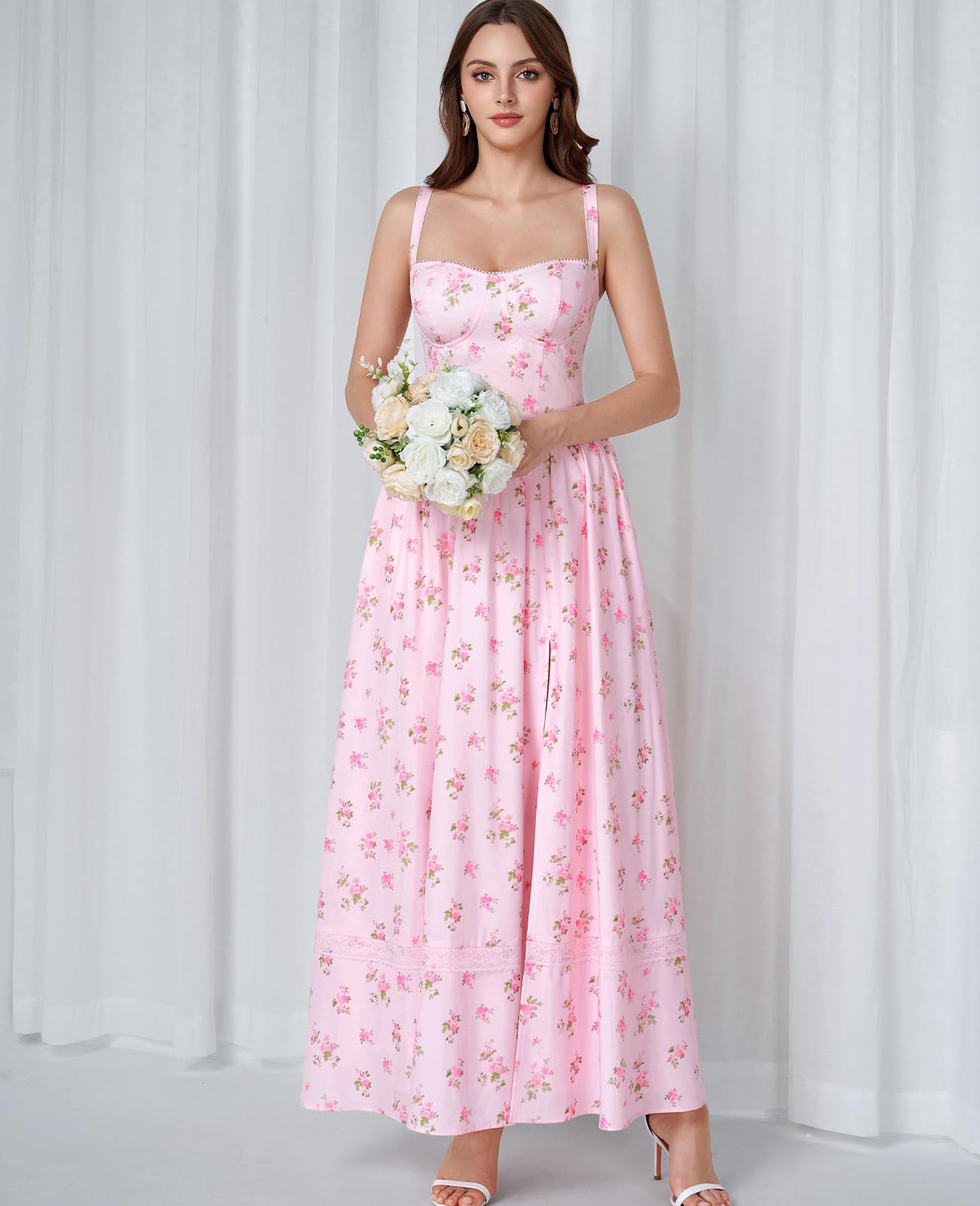 GLNEGE Floral Corset Wedding Guest Maxi Dress Summer Spring Flowy A Line Slit Tea Party Sundress for Women with Pockets