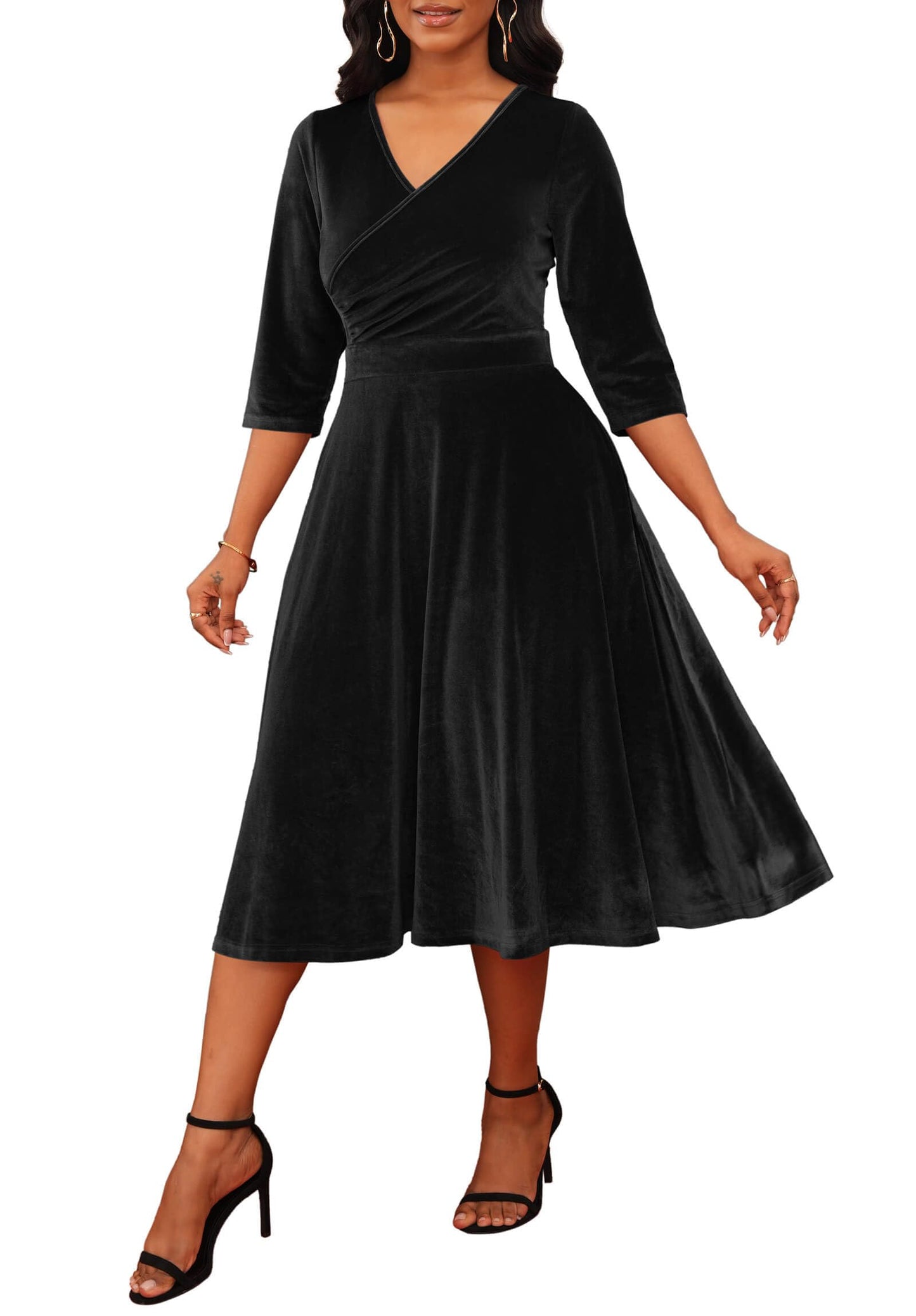 Nmoder Women's Casual Wrap Flared Midi Dress Wedding Guest Cocktail Tea Dresses A-Line Swing V-Neck 3/4 Sleeve