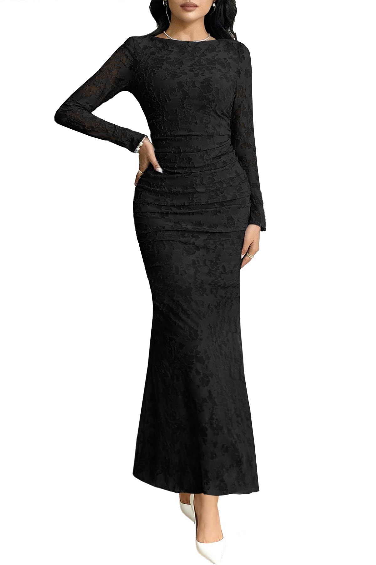 MITILLY Women's Formal Long Sleeve Dress Fall Elegant Floral Bodycon Ruched Cocktail Party Maxi Dresses New