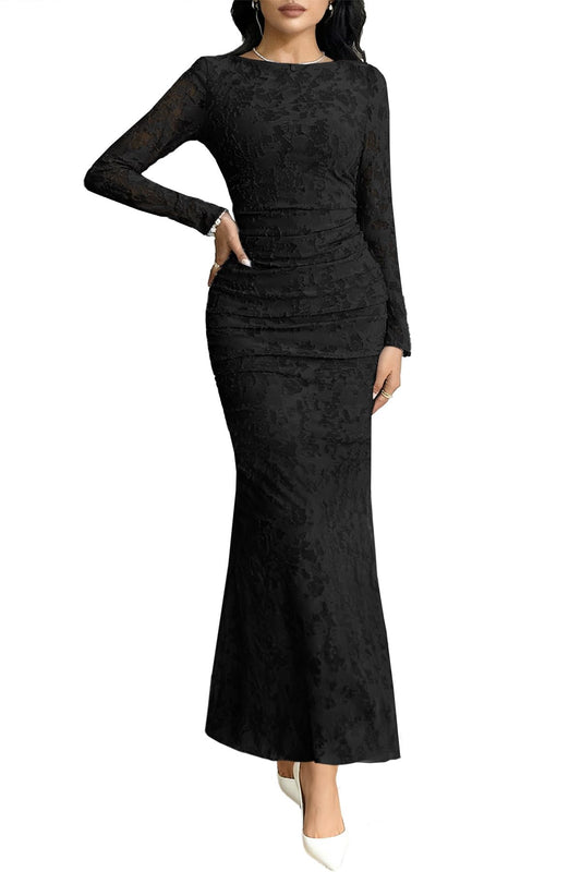MITILLY Women's Formal Long Sleeve Dress Fall Elegant Floral Bodycon Ruched Cocktail Party Maxi Dresses New