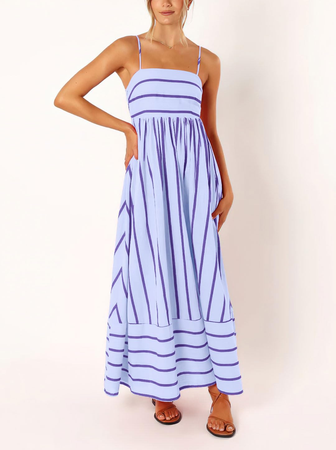 chouyatou Women's Striped Back Smocked Maxi Dress Sexy Spaghetti Strap Cut Out Flowy Swing Long Dress