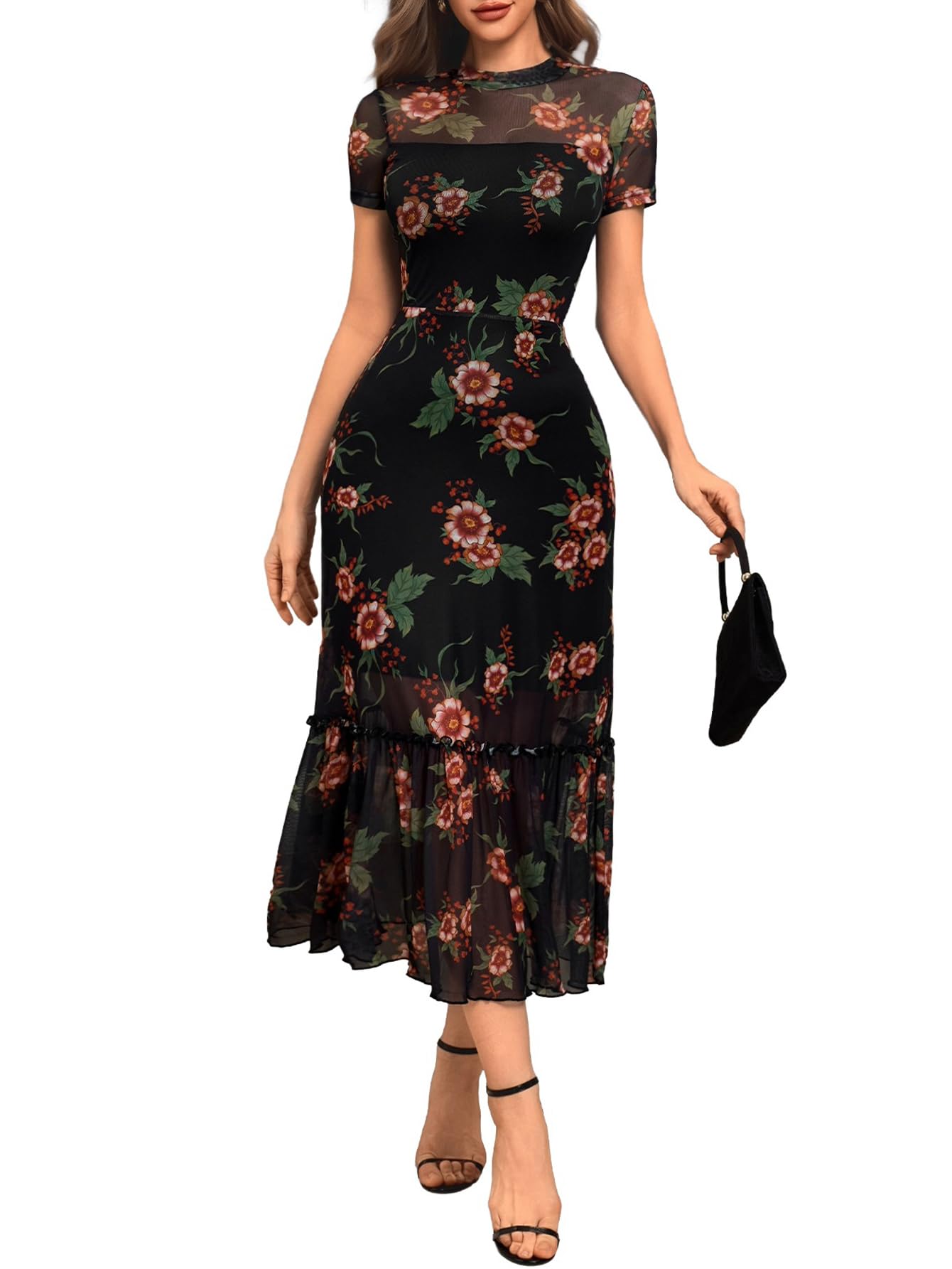 GothDark Women's Summer Floral Mesh Ruffle Dress Short Sleeve Round Neck Waist Cinched Casual Maxi Wedding Guest Dresses