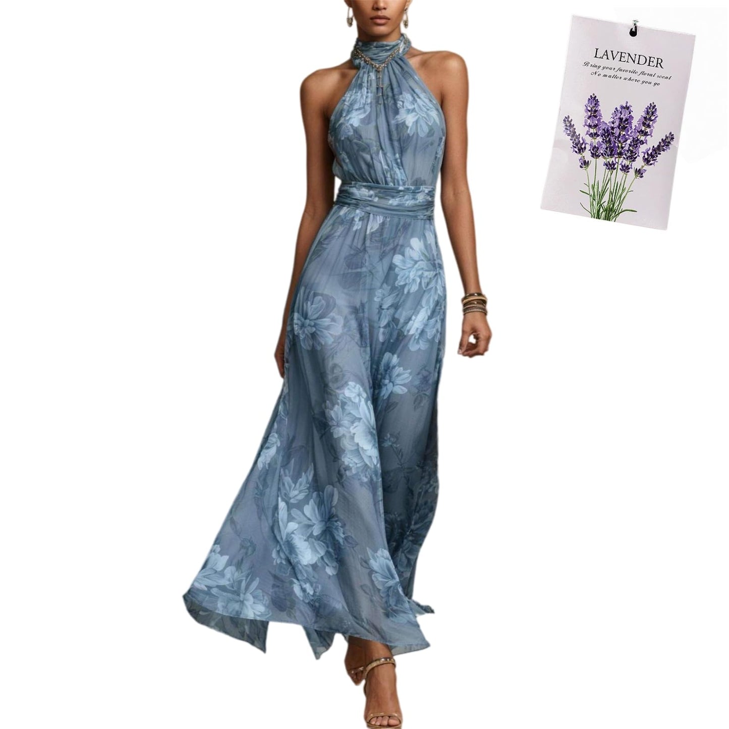 Halter Floral Print Chiffon Maxi Dress for Women Floral Wedding Guest Maxi Dress Formal Halter Chiffon Bridesmaid Dresses