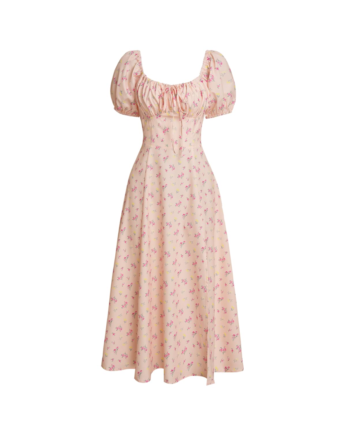 Women Summer Dresses Vintage Square Neck Adjustable Bust Floral Dress Short Puff A-Line Midi Dresses Sleeve