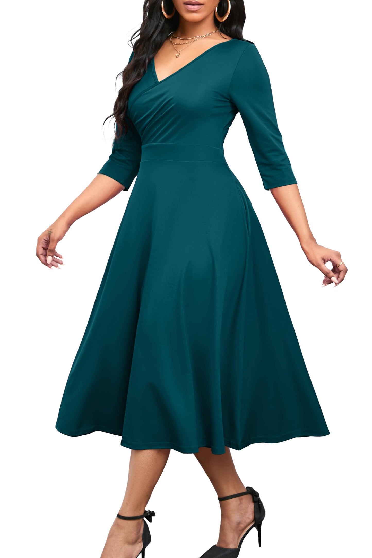 Nmoder Women's Casual Wrap Flared Midi Dress Wedding Guest Cocktail Tea Dresses A-Line Swing V-Neck 3/4 Sleeve