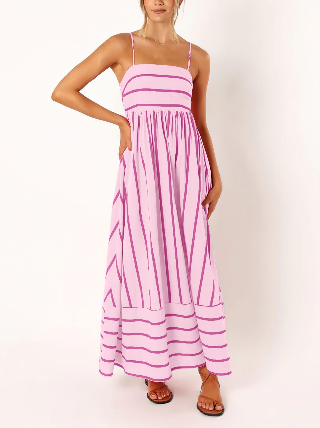 chouyatou Women's Striped Back Smocked Maxi Dress Sexy Spaghetti Strap Cut Out Flowy Swing Long Dress