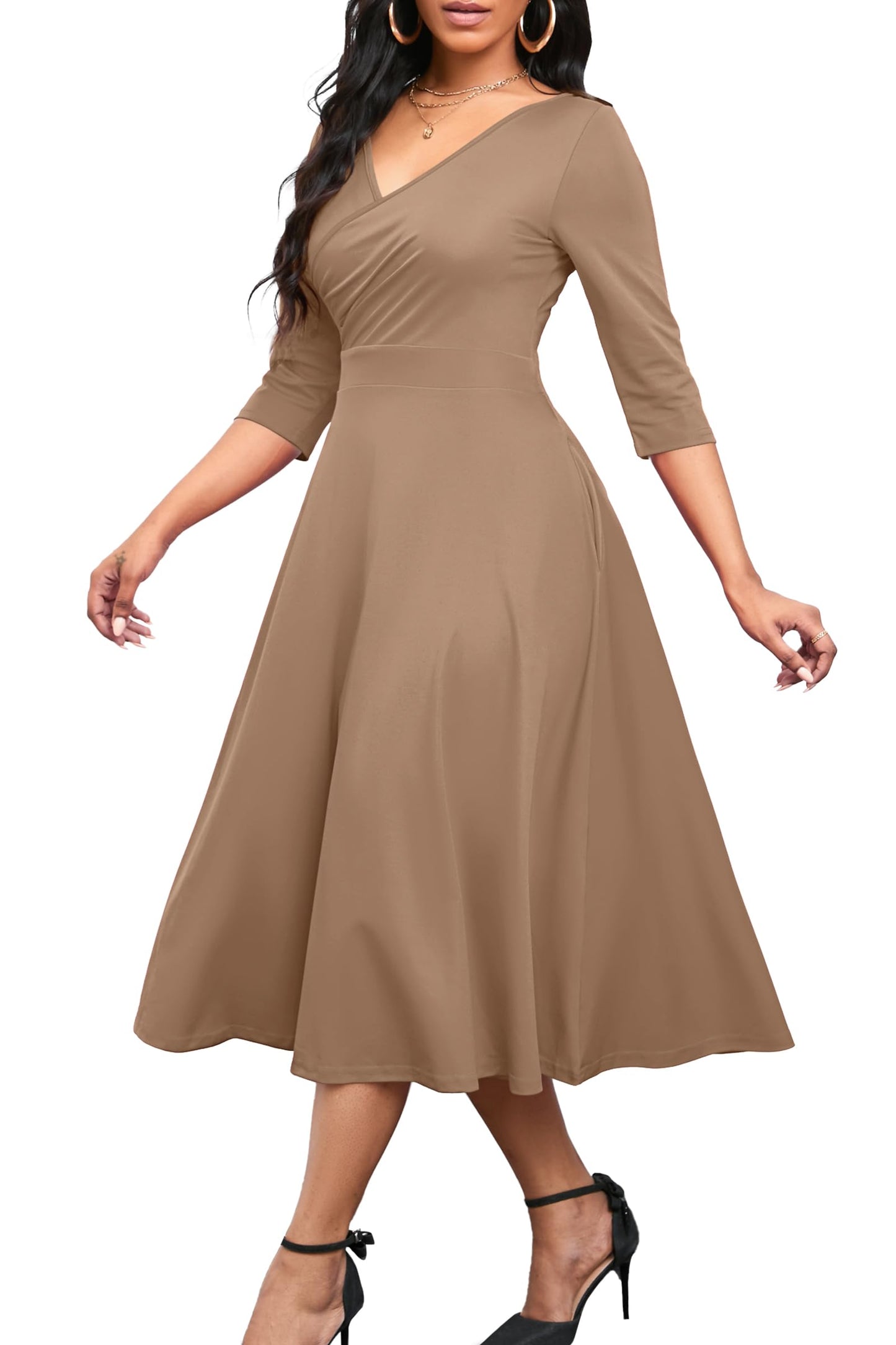 Nmoder Women's Casual Wrap Flared Midi Dress Wedding Guest Cocktail Tea Dresses A-Line Swing V-Neck 3/4 Sleeve