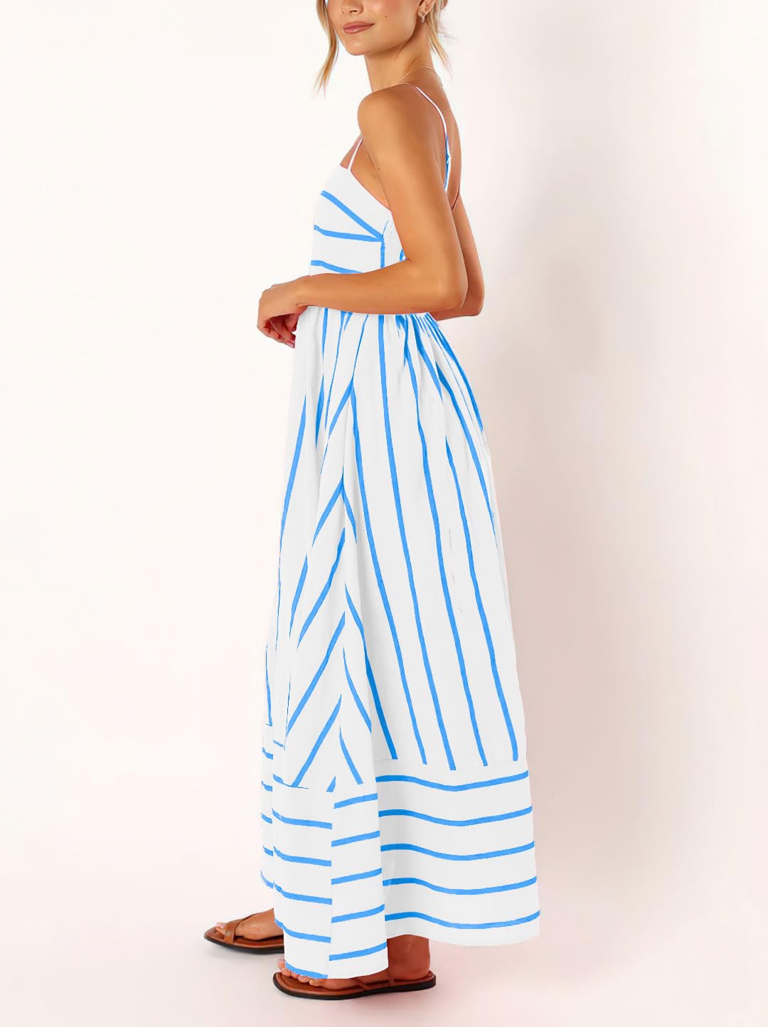 chouyatou Women's Striped Back Smocked Maxi Dress Sexy Spaghetti Strap Cut Out Flowy Swing Long Dress