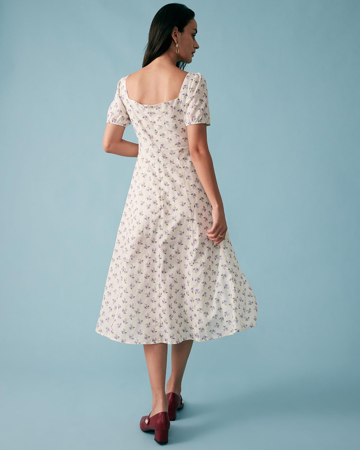 Women Summer Dresses Vintage Square Neck Adjustable Bust Floral Dress Short Puff A-Line Midi Dresses Sleeve