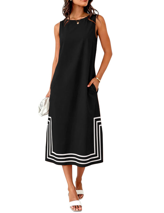 Womens Boho Linen Maxi Dress Sleeveless Split Sundress Color Block A-Line Coverups Beach Vacation Dress with Pockets
