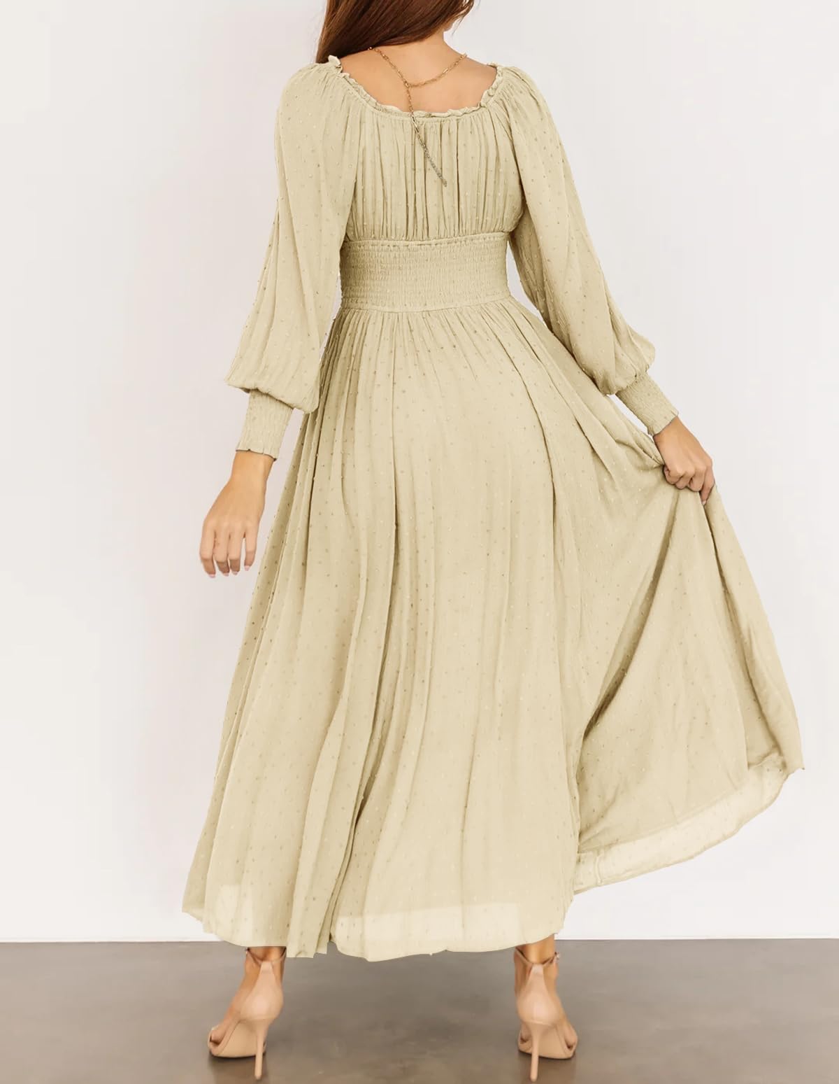 R.Vivimos Women's Puff Long Sleeve Maxi Dress Square Neck Elastic Empire Waist Swiss Dots Casual Flowy A-Line Long Dresses