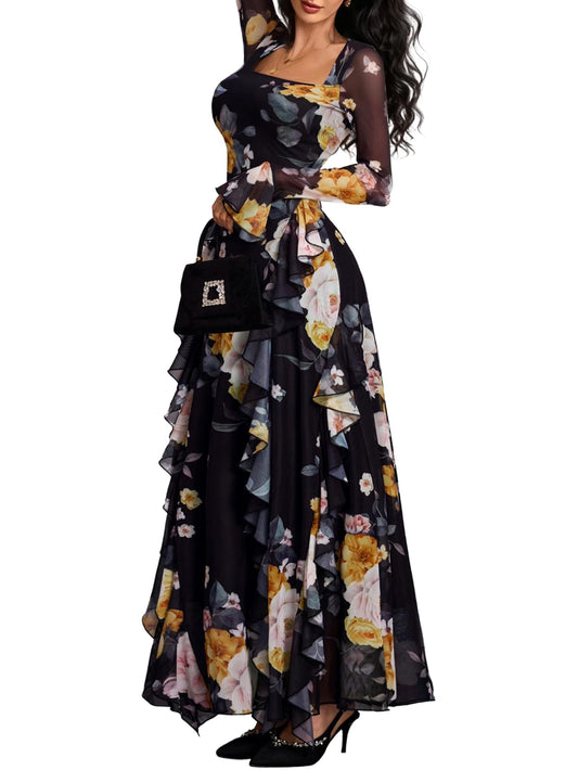 GothDark Women's Floral Dress Mesh Sheer Long Sleeve Square Neck Ruffle Layered Elegant Date Night Holiday Party Outfit