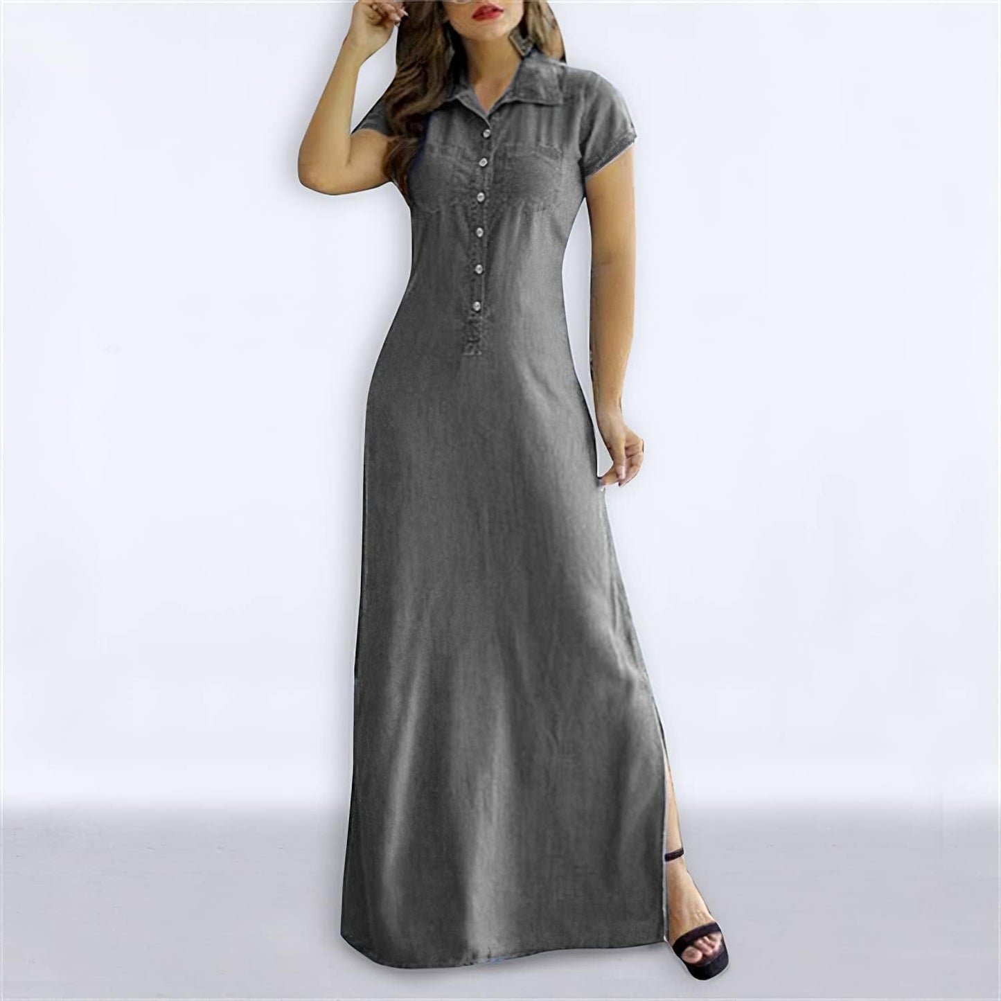 Summer Loose Hand Pocket Midi Long Tunic Denim Shirt Dress for Women Casual Button Front Maxi Shirt Dress