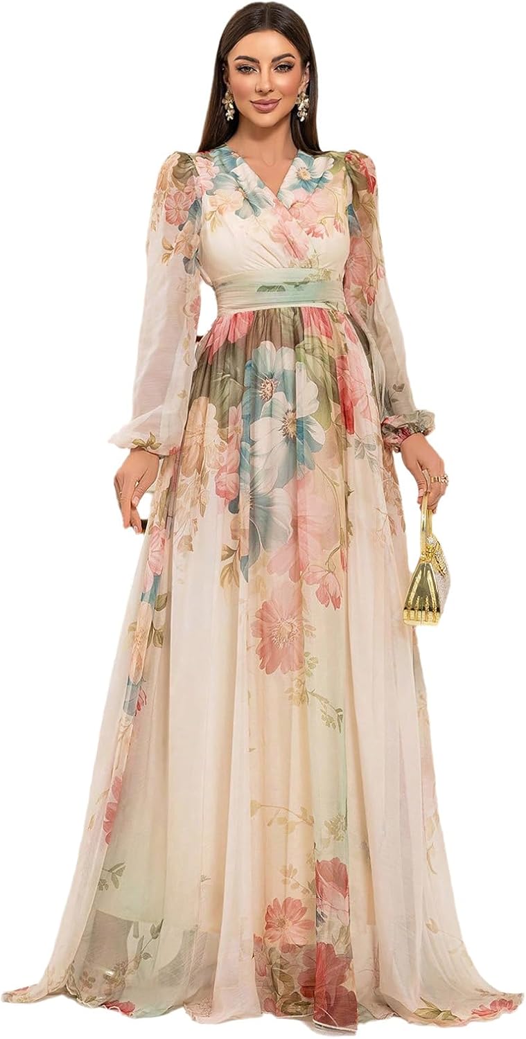 TOLEEN Summer Casual Dresses for Women 2024 Spring Fashion Boho V Neck Long Sleeve Ruffle Floral Print Elegant Maxi Dress