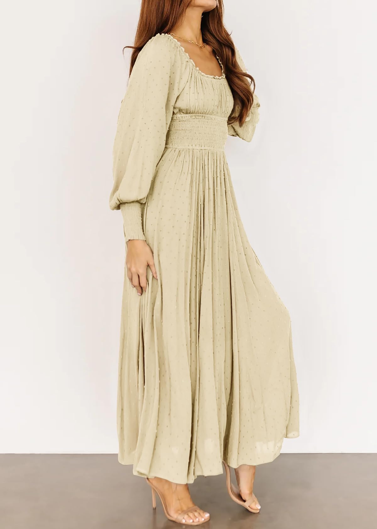 R.Vivimos Women's Puff Long Sleeve Maxi Dress Square Neck Elastic Empire Waist Swiss Dots Casual Flowy A-Line Long Dresses