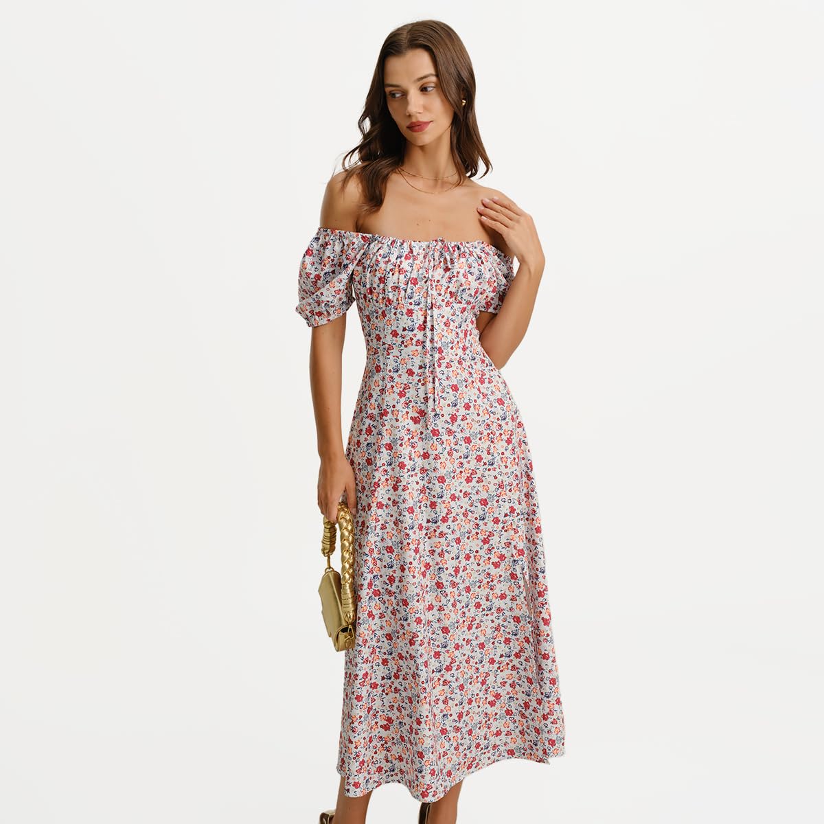 Women Summer Dresses Vintage Square Neck Adjustable Bust Floral Dress Short Puff A-Line Midi Dresses Sleeve