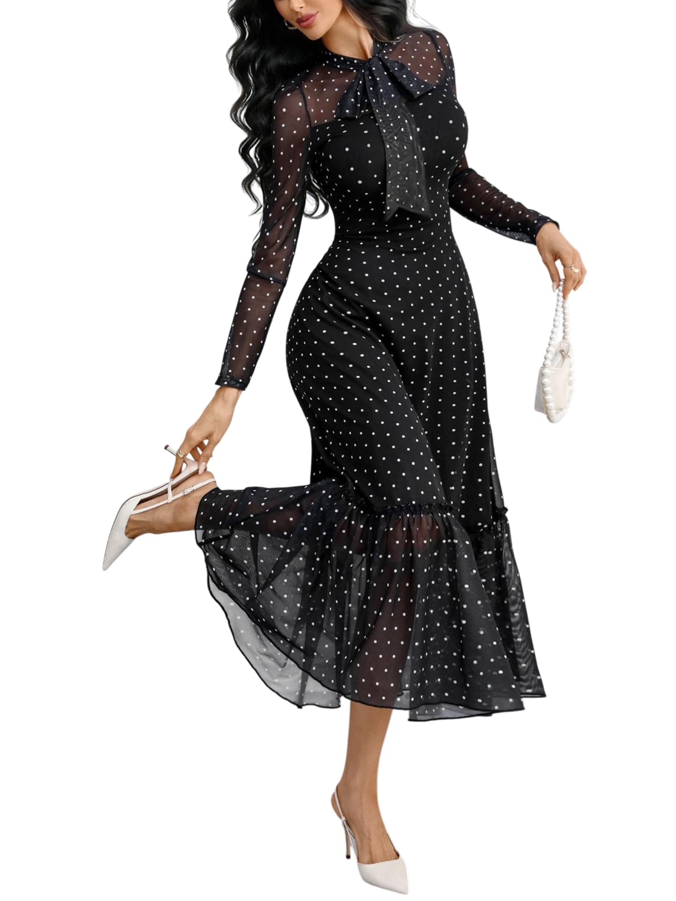 GothDark Polka Dot Dress for Women Mesh Tie Neck Bow Sheer Sleeve Flowy Ruffle Hem Going Out Wedding Guest Casual Dress