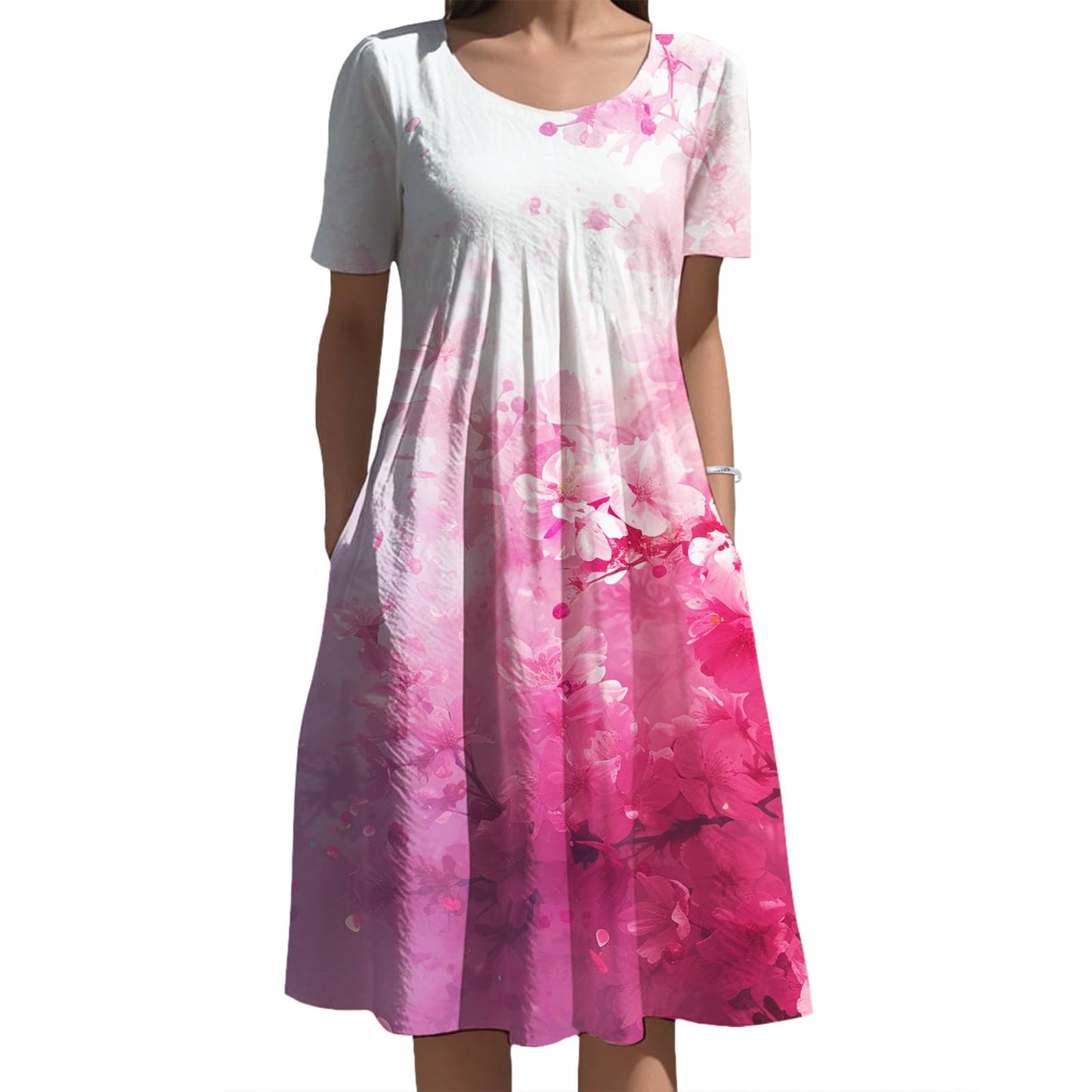 Oriental Ink Floral Midi Dress Gradient Tone for Women Elegant Daily Vacation Outfit with Side Pockets and Style