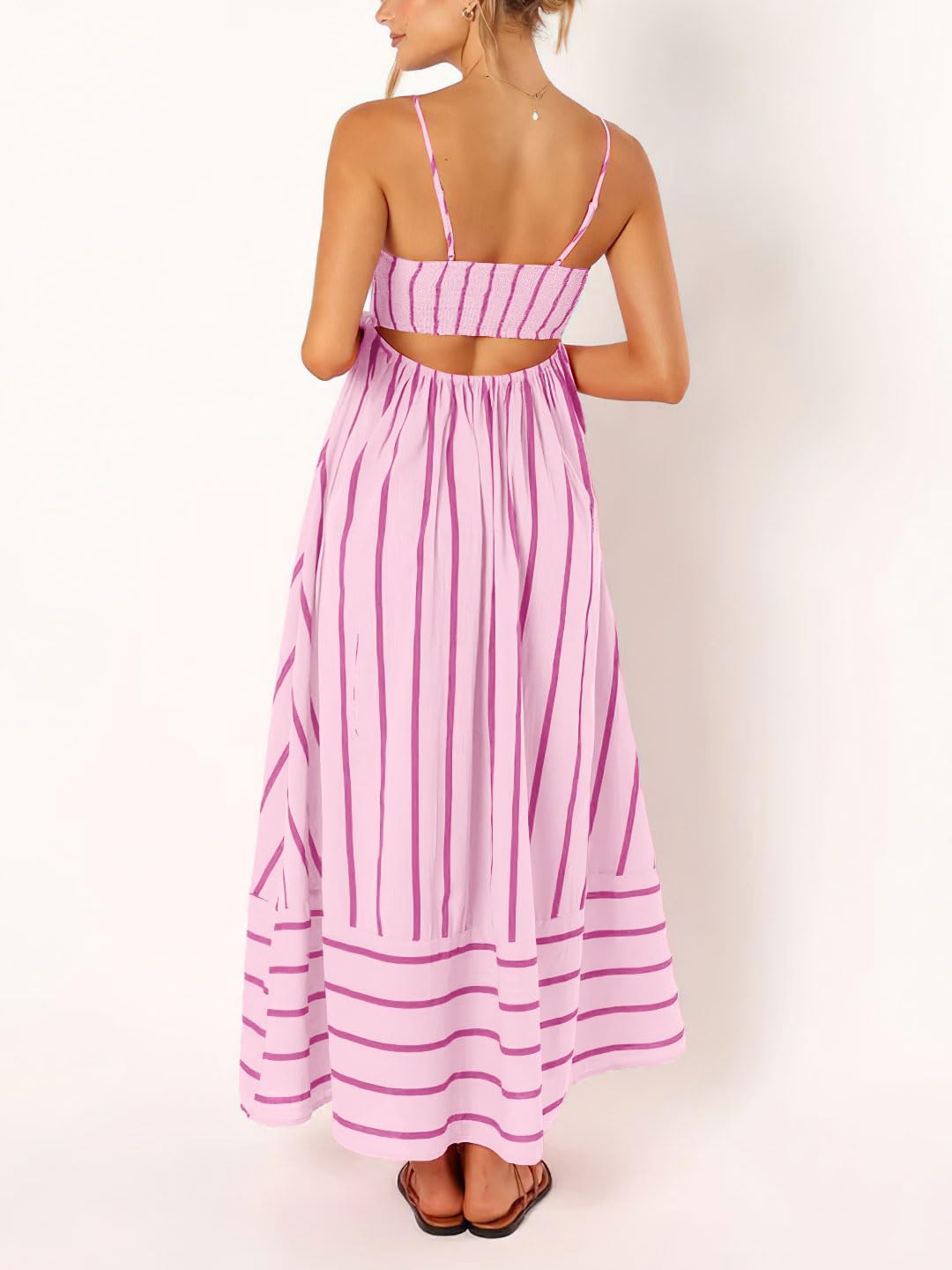 chouyatou Women's Striped Back Smocked Maxi Dress Sexy Spaghetti Strap Cut Out Flowy Swing Long Dress