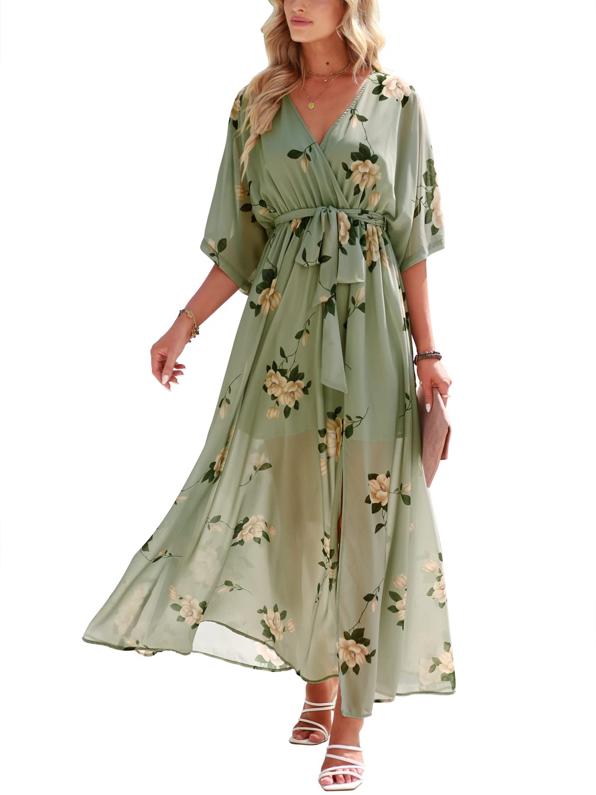 ANRABESS Womens 1/2 Sleeve Beach Wedding Guest Maxi Dresses 2026 Summer Wrap V Neck Boho Floral Flowy Slit Long Dresses